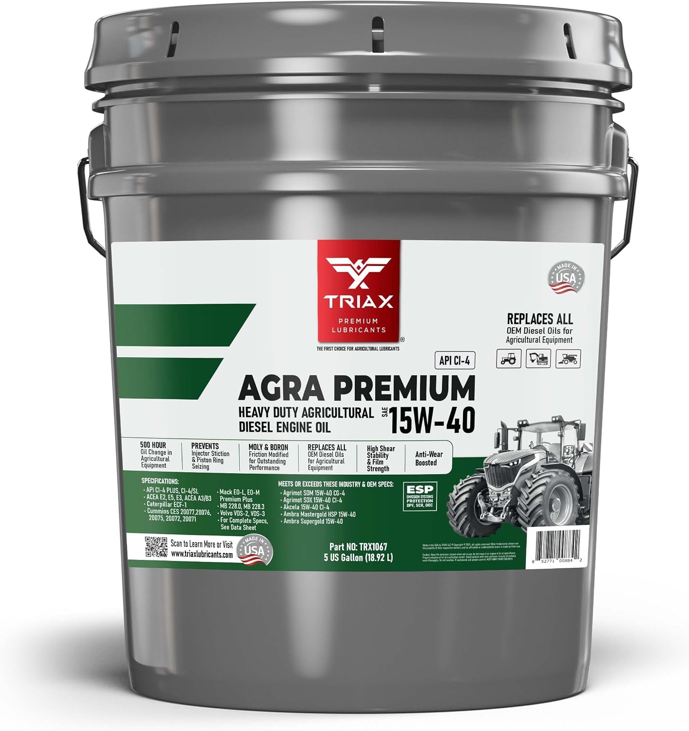 TRIAX Agra Premium 15W-40 - Super Heavy Duty Diesel Engine Oil for Agricultural and Off-Road Construction Applications - API Licensed CI-4 - Friction Modified with Moly and Boron (5 Gallon)