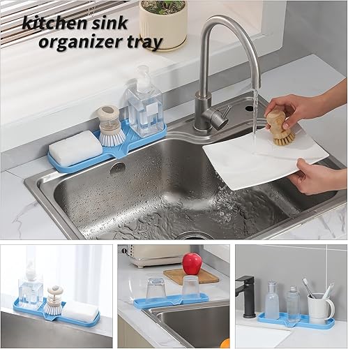 Vista 307 de Jaboneras de baño de silicona con boquilla de drenaje, organizador de fregadero de baño y cocina, soporte para esponja, bandeja de jabón para Gris