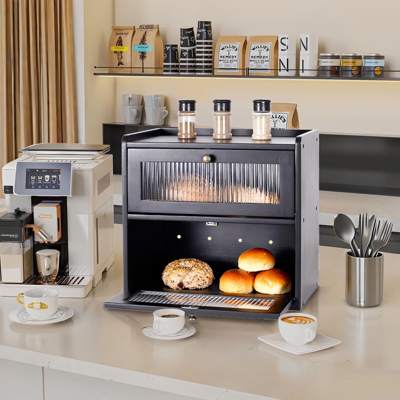 Paneras Para Guardar El Pan Caja Grande De Madera Maciza Doble Panera Madera Para Guardar ReposteríA Con Puerta AcríLica MagnéTica Bread Bin (Negro)