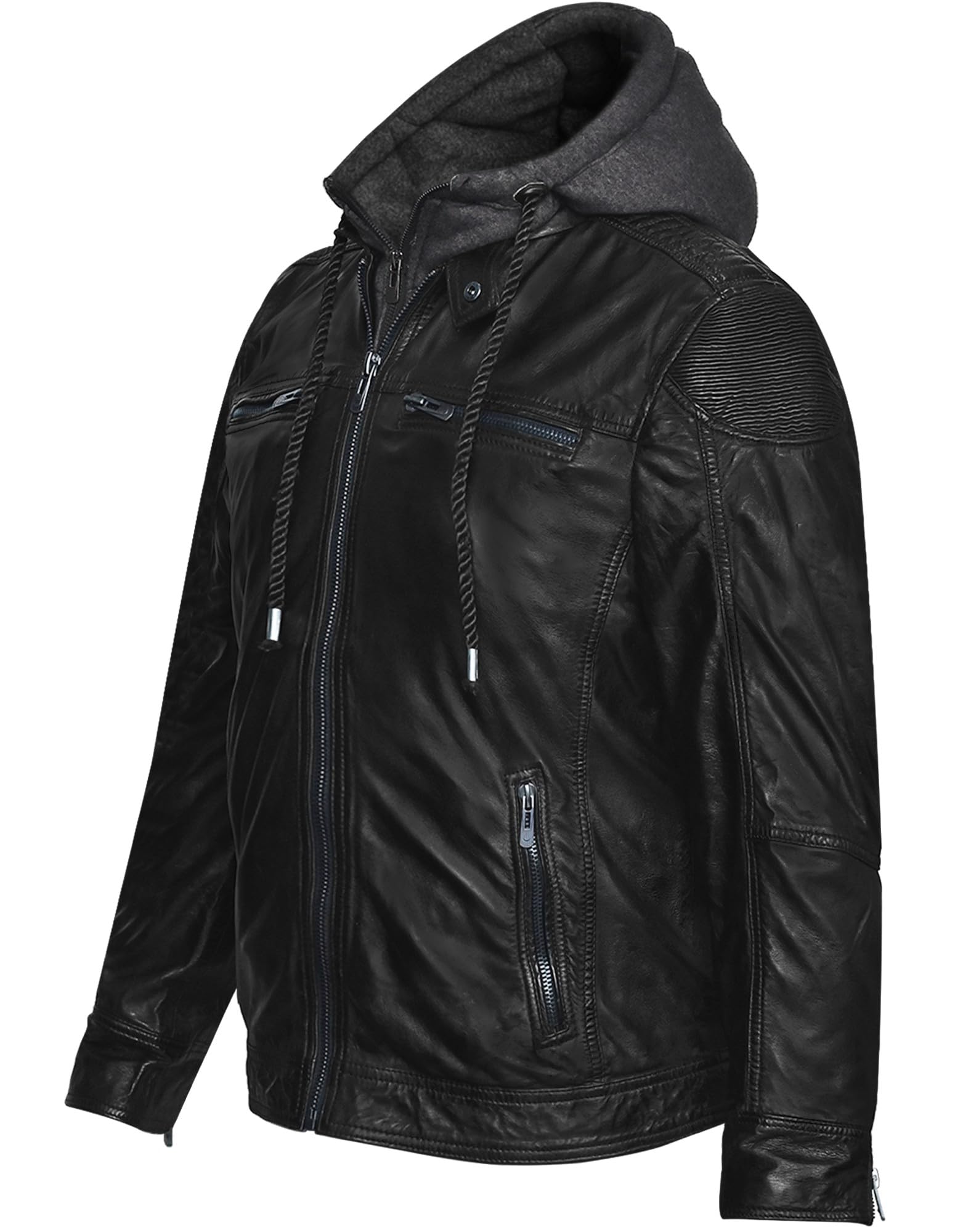 Herren Lederjacke Felix Bikerjacke Echtleder Jacke Vintage aus feinstem Lammnappa Leder mit Abnehmbarer Kapzue-Hoodie