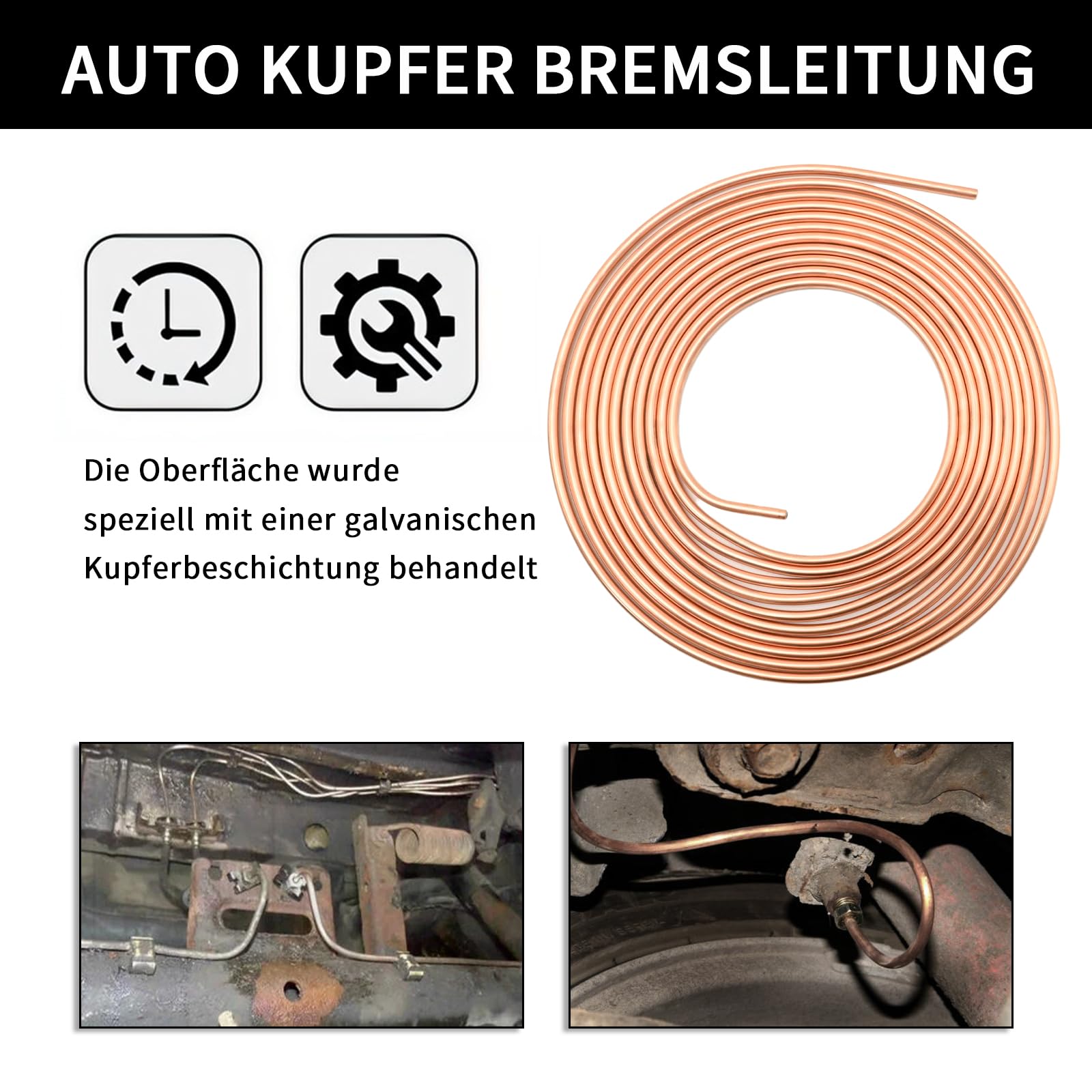 Hoypeyfiy Cavo freno in rame per auto, 6,35 mm, 1/4", con rivestimento in rame, tubo del freno, tubo del freno, tubo di ricambio auto, lunghezza 7,6 m con 16 dadi