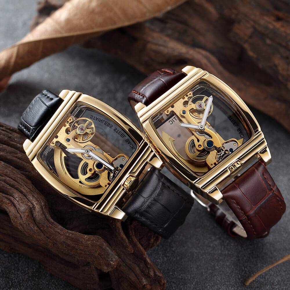 Reloj mecánico automático transparente para hombre, diseño de esqueleto steampunk, correa de cuero, reloj masculino montre Homme, Marrón dorado, Correa