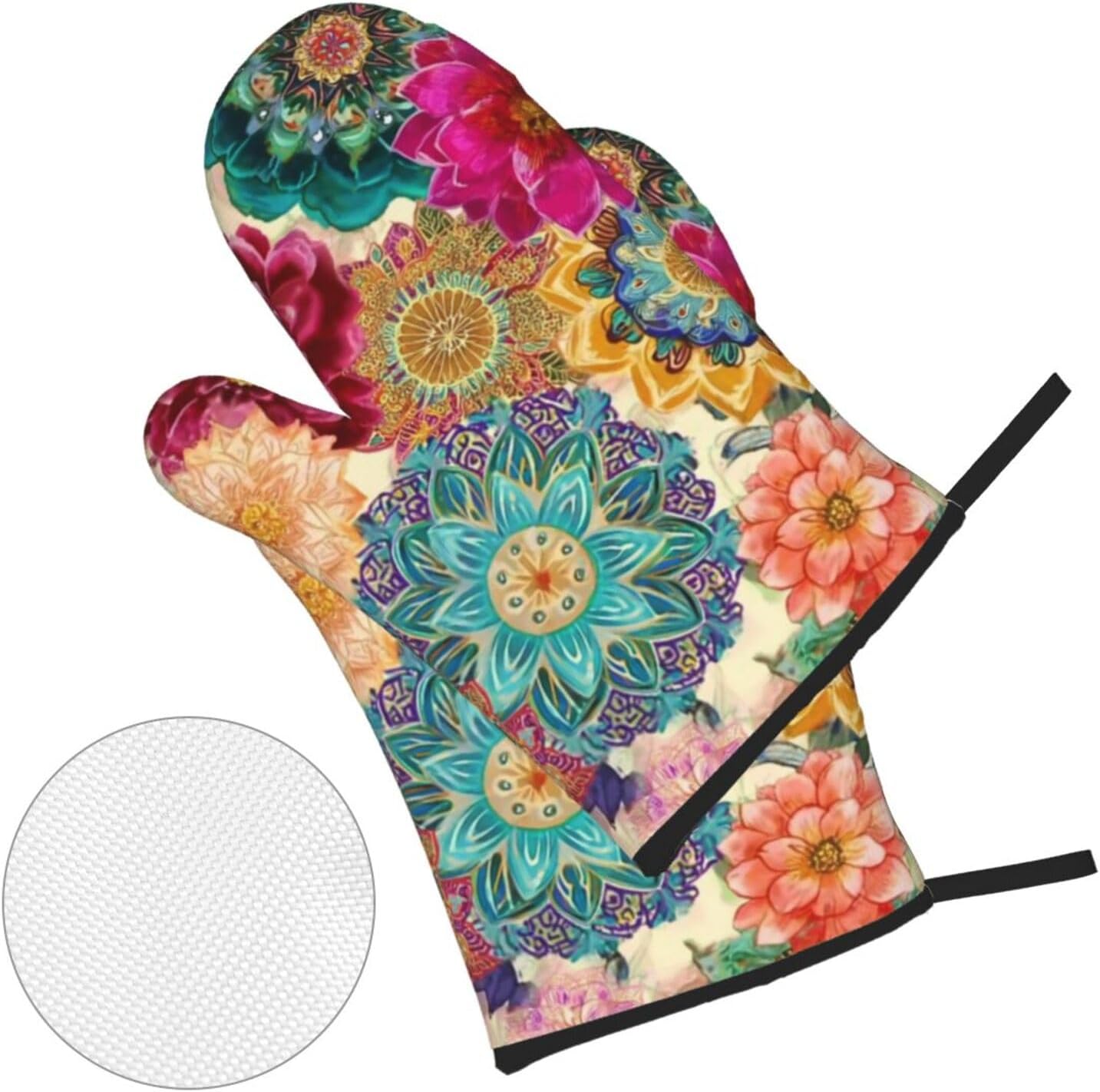 Oven Mitts and Pot Holders 4-Piece Set Boho Colorful Flower Heat Resistant, Non-Slip Kitchen Gloves with Hanging Loop for Cooking, Baking, Grilling, BBQ