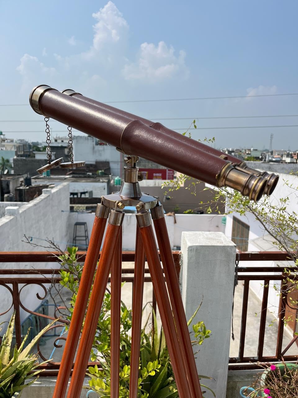 Brass Marine Navy Nautical Double Barrel Binocular with Adjustable Stand Decorative for Home,Office & 18" Telescope & Floor Tripod - Antique & Black Leather (Brown Antique & Brown Lether)