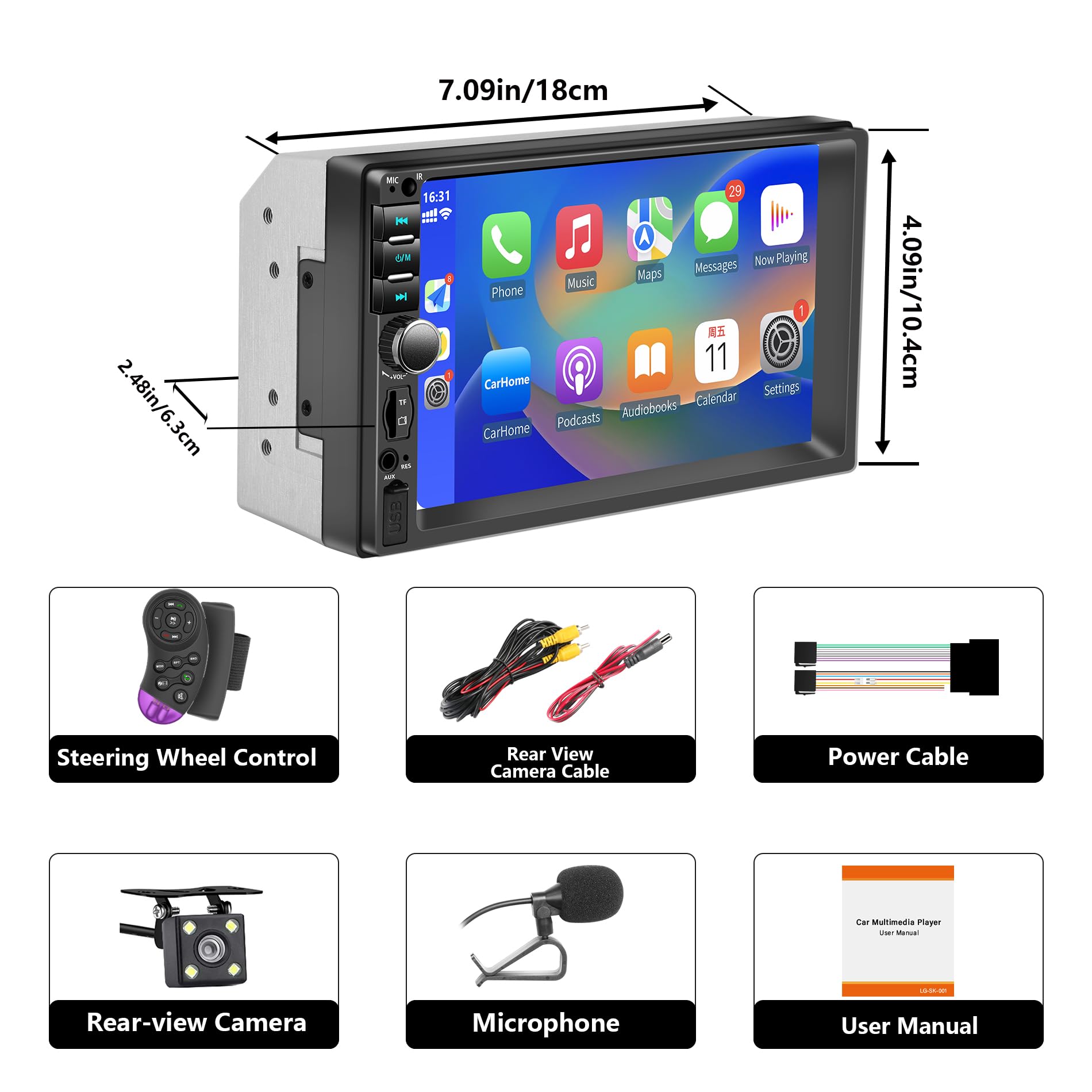 Radio de Coche Bluetooth 2 DIN con Carplay y Android Auto, 7 Pulgadas con Pantalla táctil 1080P Car Stereo soporta Manos Libres/FM/Mirror Link/Wheel Control/USB Port/AUX/EQ/TF/WMA (sin cámara trasera)