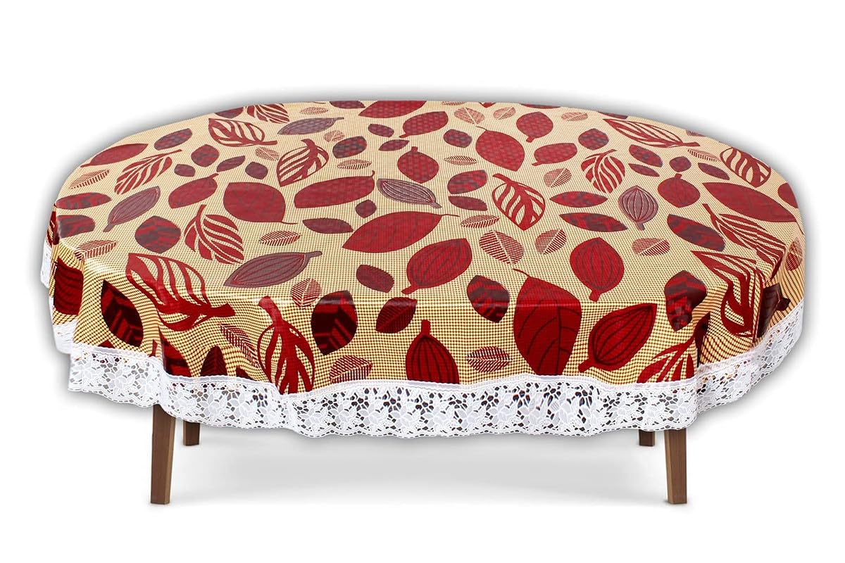 Center & Dining Table Cover Brown Color Big Leaf Printed Table Cloth with White Lace - Waterpoof & Dustproof High Qualtiy Table Cover (54x78 inch (Oval))-Table Cloth Brown 33-image-20