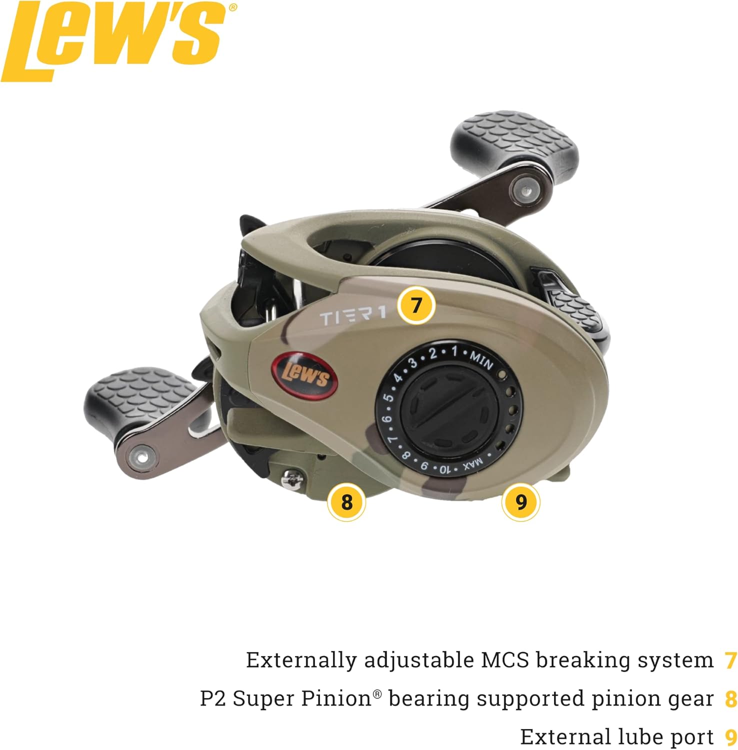 Lew's American Hero Tier 1 Baitcast Fishing Reel, 9+1 Stainless Steel Ball Bearings, 7.5:1 Gear Ratio, Multicam