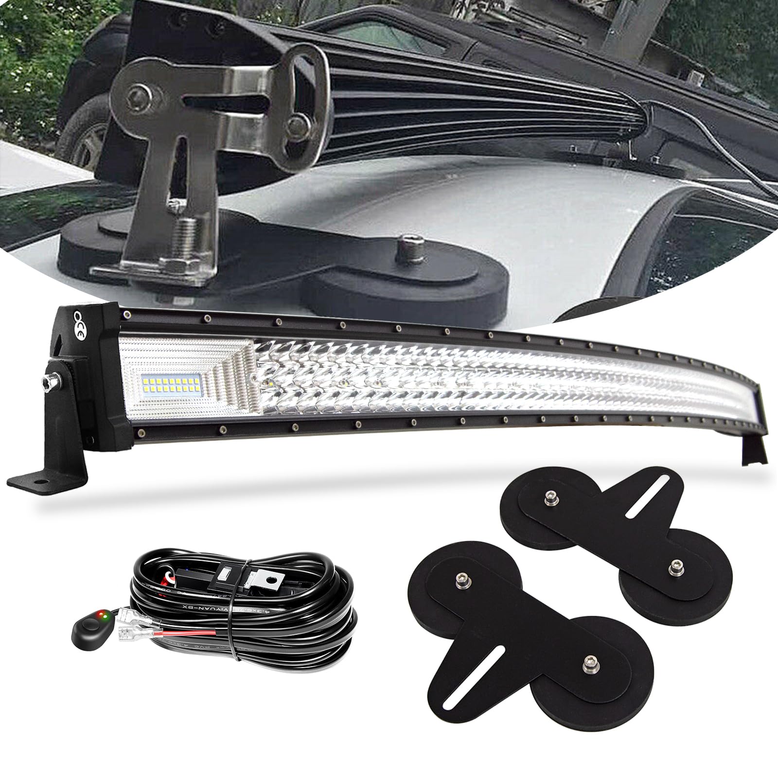 PICAA Incurvée 130cm 52 Pouces 675W Barre Lumineuse LED 4x4 avec Stroboscopique Câblage Kit, 12V 24V Lampe de Travail LED Imperméable pour Voiture Camion Offroad SUV Tracteur