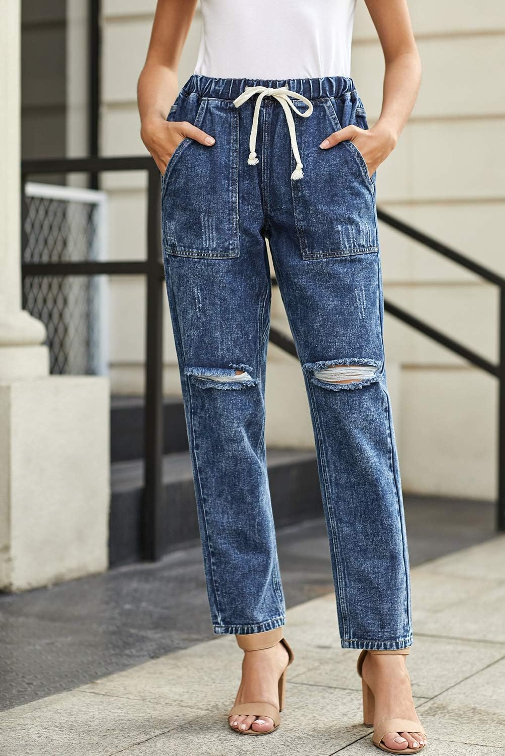 Metietila Women’s Casual Pull-on Distressed Stretch Jeans Elastic Waist Jean Denim Joggers Pants image 5