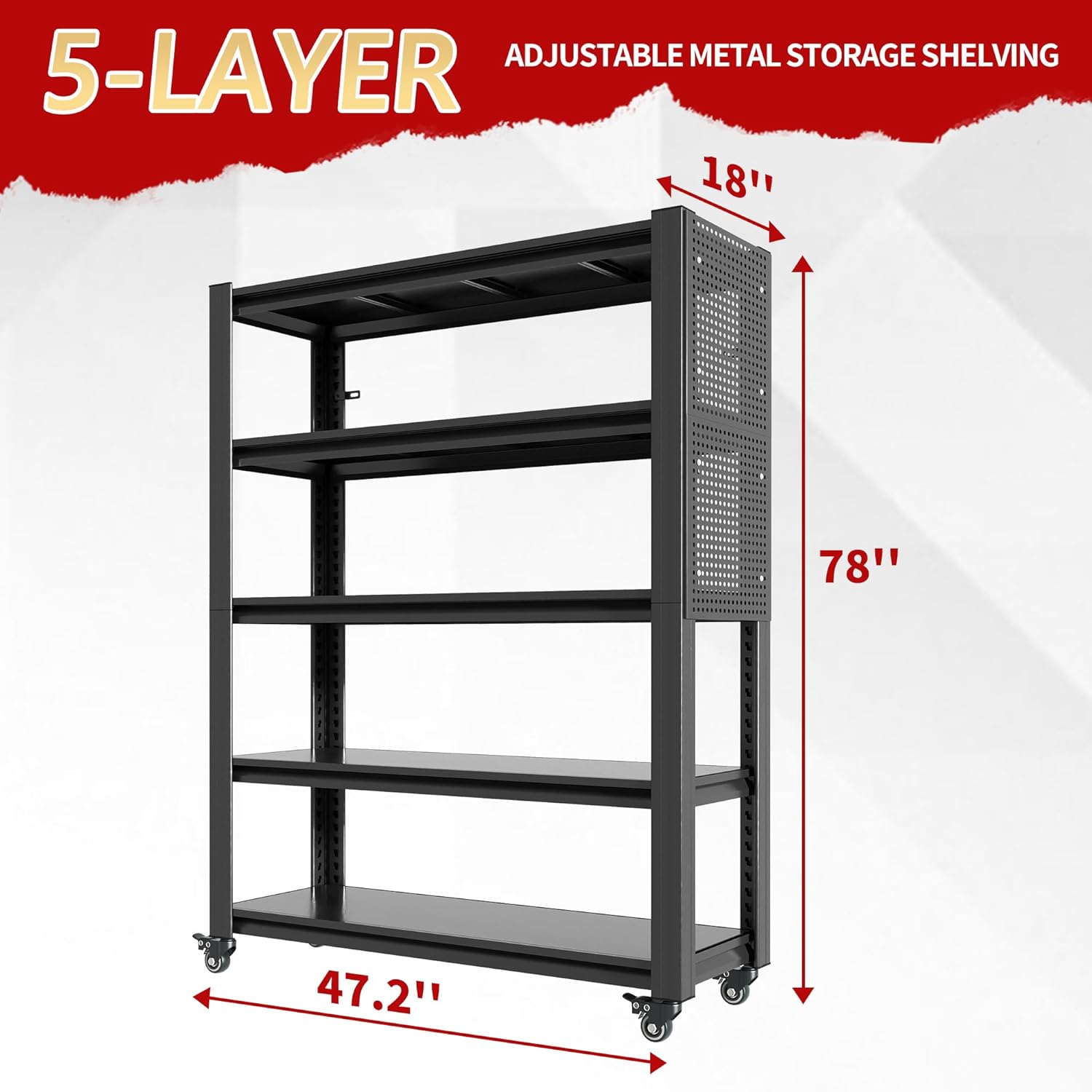 Heavy-Duty Garage Shelving Unit with Pegboard and Wheels, 78" H 5-Tier Adjustable Garage Storage Shelves, 3000 lbs Capacity, Industrial Metal Shelves for Garage, Basement, Warehouse