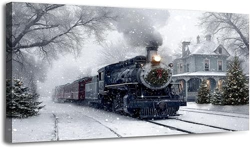 Lienzo decorativo de 30 x 60 pulgadas, diseño vintage de Navidad, enmarcado, bosque nevado, escena, cuadros enmarcados, arte de pared grande para