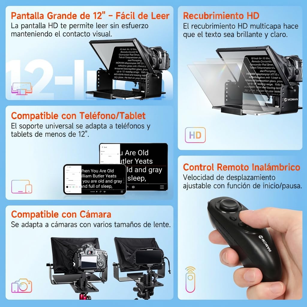Moman MT12 Teleprompter Metálico de 12,9 Pulgadas, con App Remota y Control Remoto, Soporte Ajustable - Compatible con iPad, iPhone, Tabletas, Smartphones y Cámaras DSLR