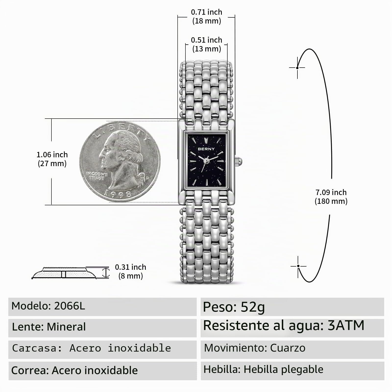 BERNY Relojes De Mujer Relojes De Cuarzo Reloj Plateado para Damas Pulsera De Moda Casual