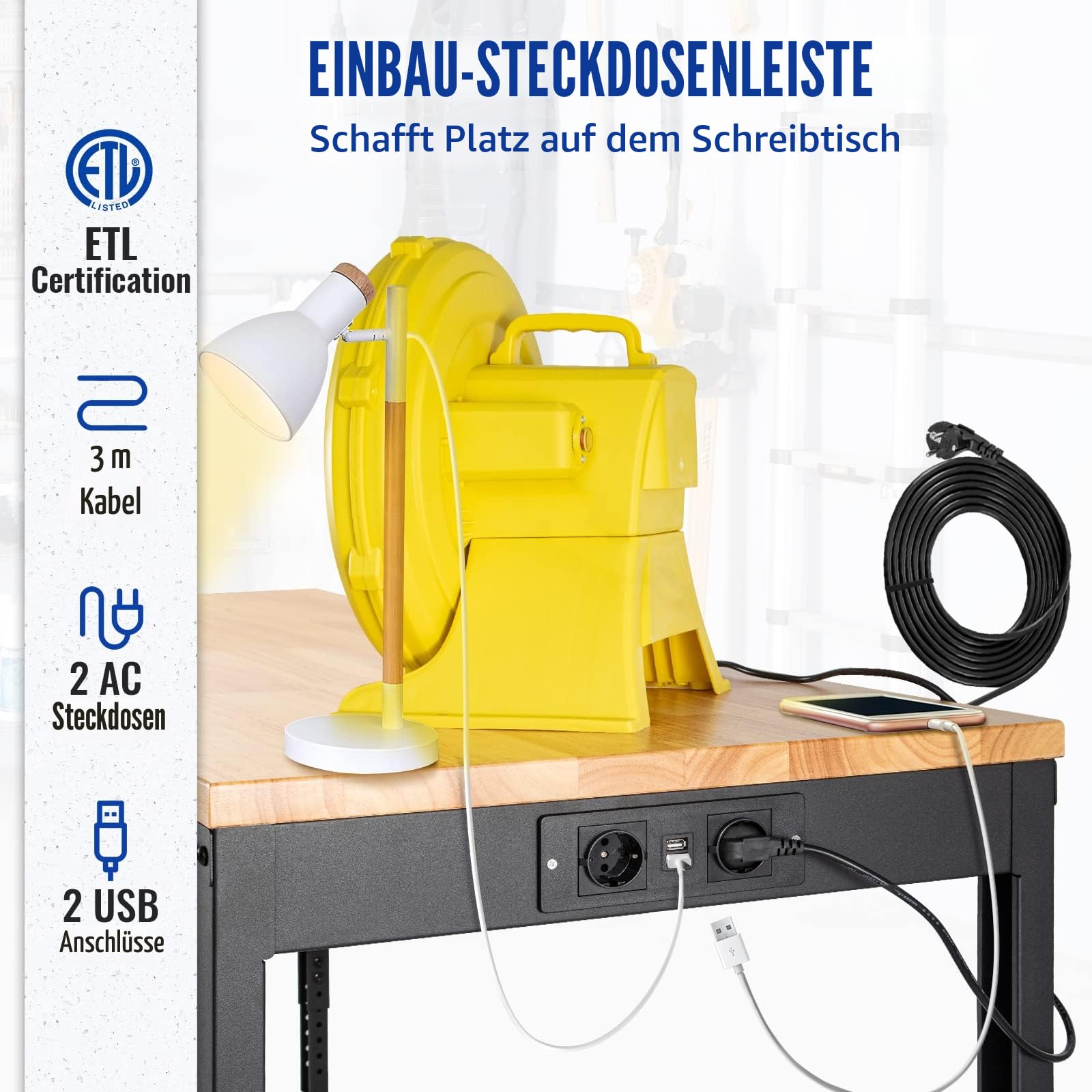 VEVOR verstellbare Werkbank, Werkbank mit Steckdose, Rädern und Stecktafel, robuster Arbeitstisch mit Eichenholzplatte für Garage, Werkstatt, Büro und Zuhause 122 x 51cm