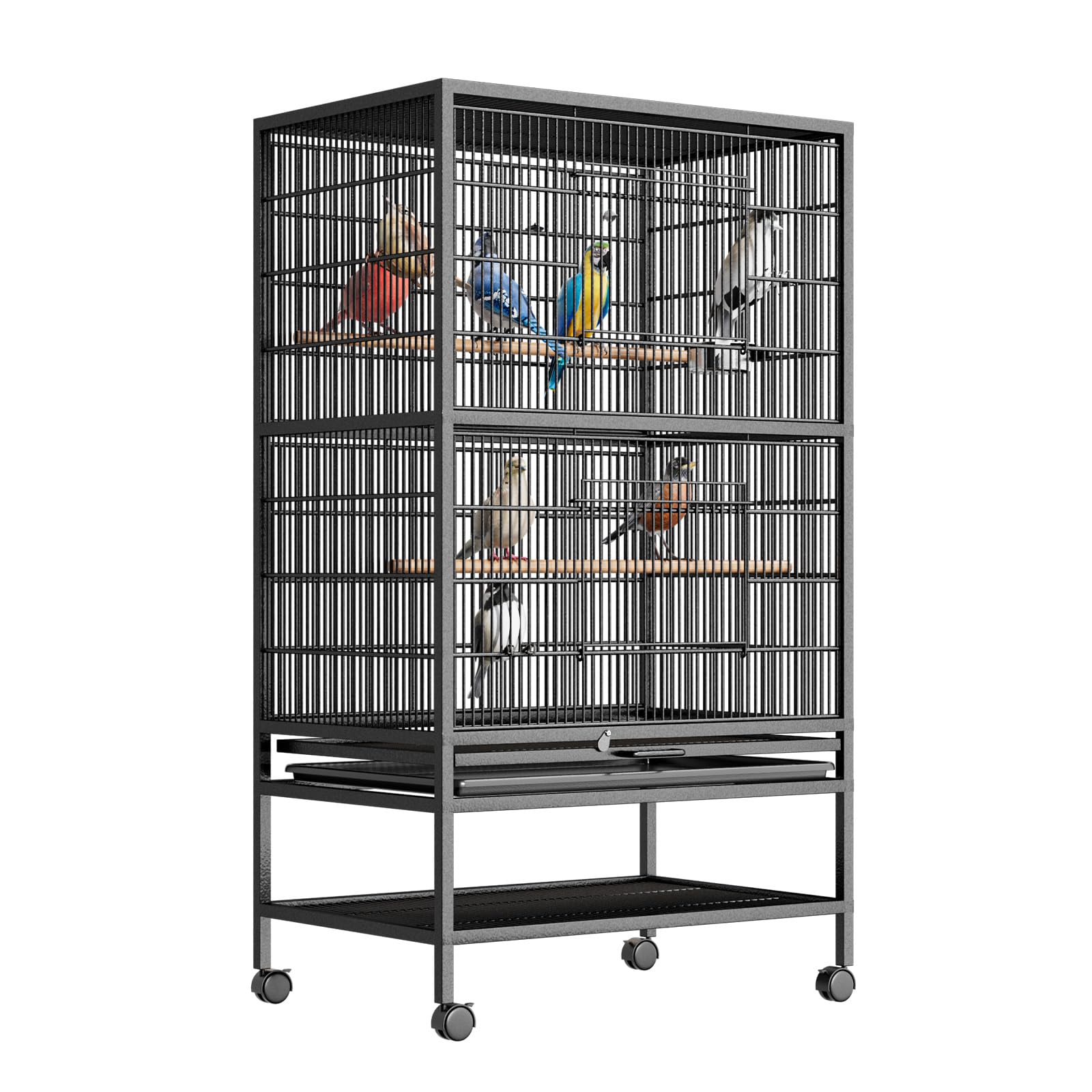 - 52 Inch Bird Cage with Wooden Perches, Standing Wrought Iron Birdcage Large Parrot Flight Bird Cage with Rolling Stand Birdcages for Cockatiels African Grey Quaker Lovebird Canary Budgie Finch Black