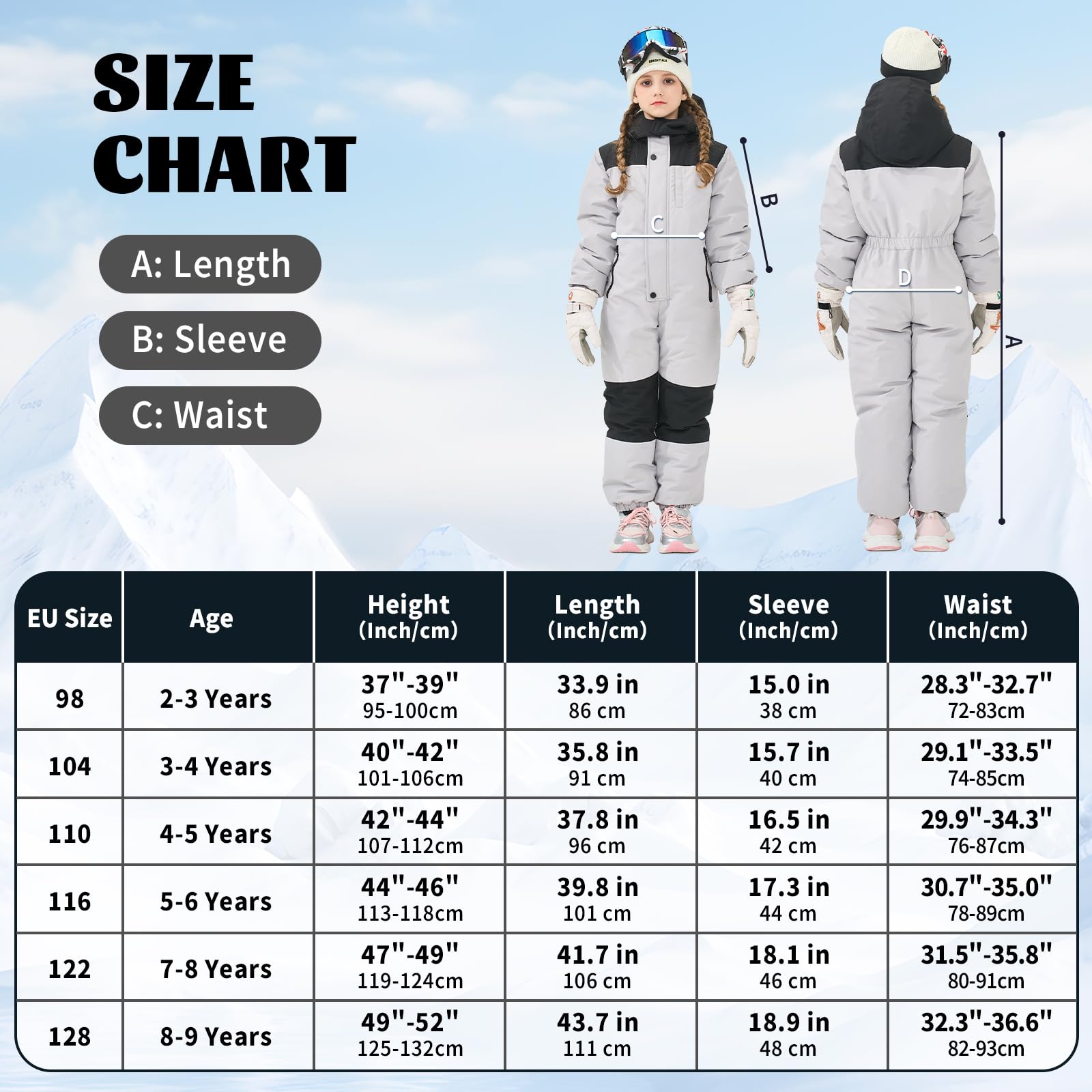 Owntop Tuta da Neve Intera per Bambini - Tuta da Sci Impermeabile e Leggera Unisex, Completo Sci Caldo con Cappuccio per Bambini e Bambine, Tuta da Snowboard Invernale (2-9 Anni)