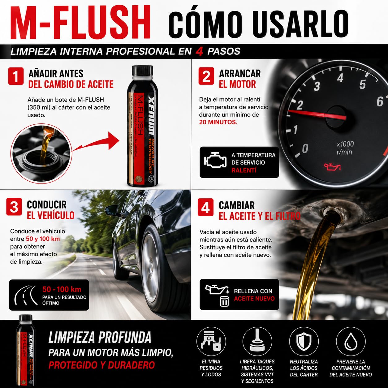 Xenum M-Flush Limpiador Interno de Motor 350 ml | Limpieza del Sistema de Lubricación Antes del Cambio de Aceite | Sin Disolventes | Diésel y Gasolina | Aceites Minerales, Semisintéticos y Sintéticos