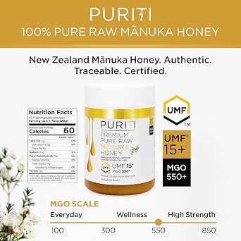PURITI Manuka Honey MGO 550+ / UMF 15+ | 100% Pure Genuine Raw Manuka Honey | 8.8 Oz / 250g | Harvested, Tested, Certified and Packed in New Zealand