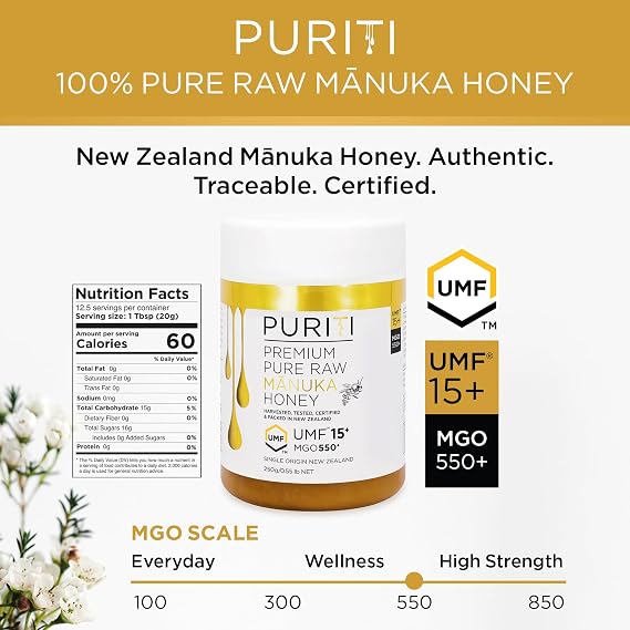 PURITI Manuka Honey MGO 550+ / UMF 15+ | 100% Pure Genuine Raw Manuka Honey | 8.8 Oz / 250g | Harvested, Tested, Certified and Packed in New Zealand