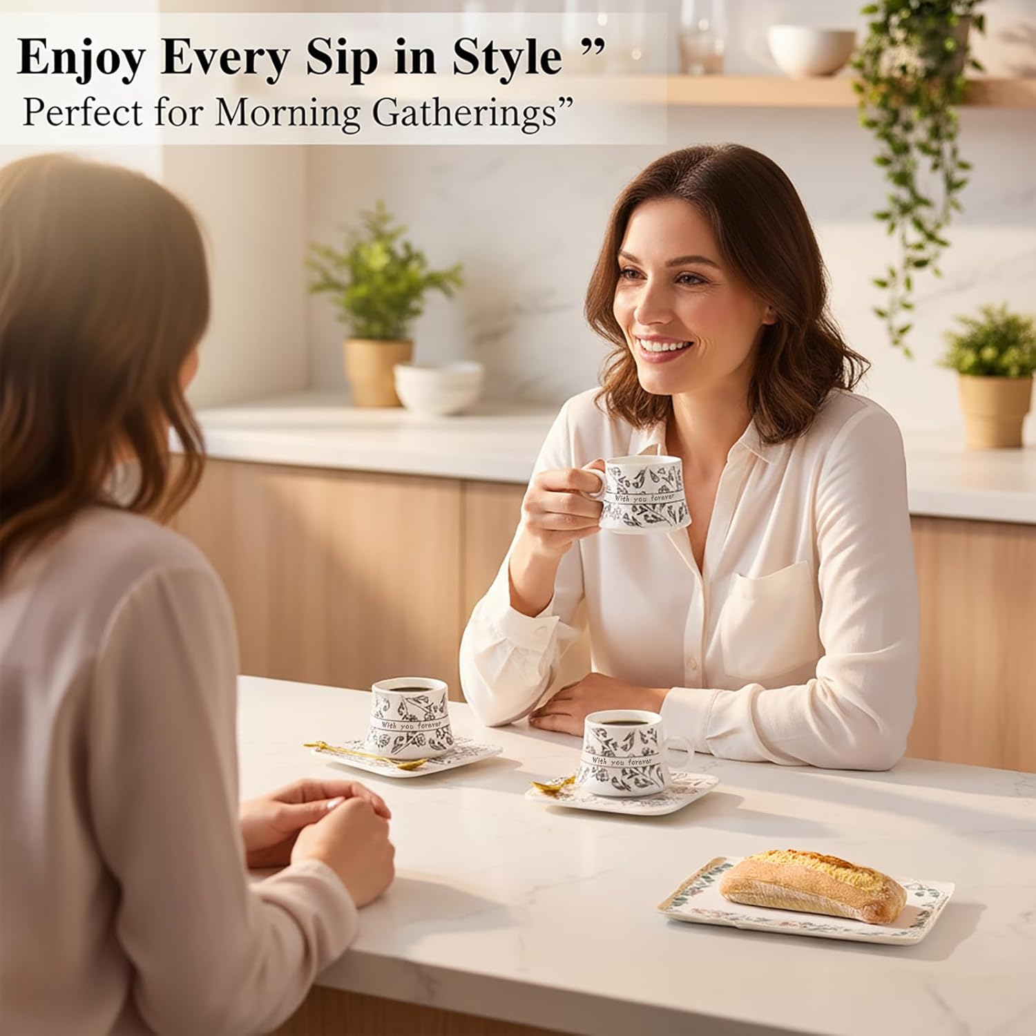 Espresso Cup Set, Small Coffee Cups with Saucers and spoon(12-piece), 6.1oz Porcelain with Black Pattern Espresso Cup, Perfect for Tea, Turkish, Greek, and Arabic Coffee, White