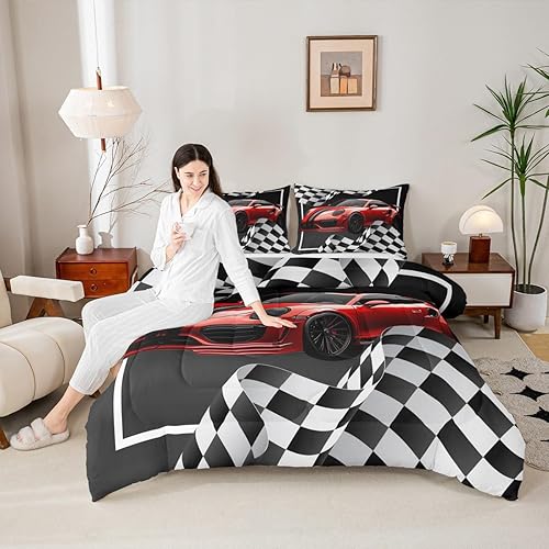 Juego de edredón de auto de carreras rojo, tamaño individual, juego de ropa de cama de celosía negra y blanca, 2 piezas para decoración de