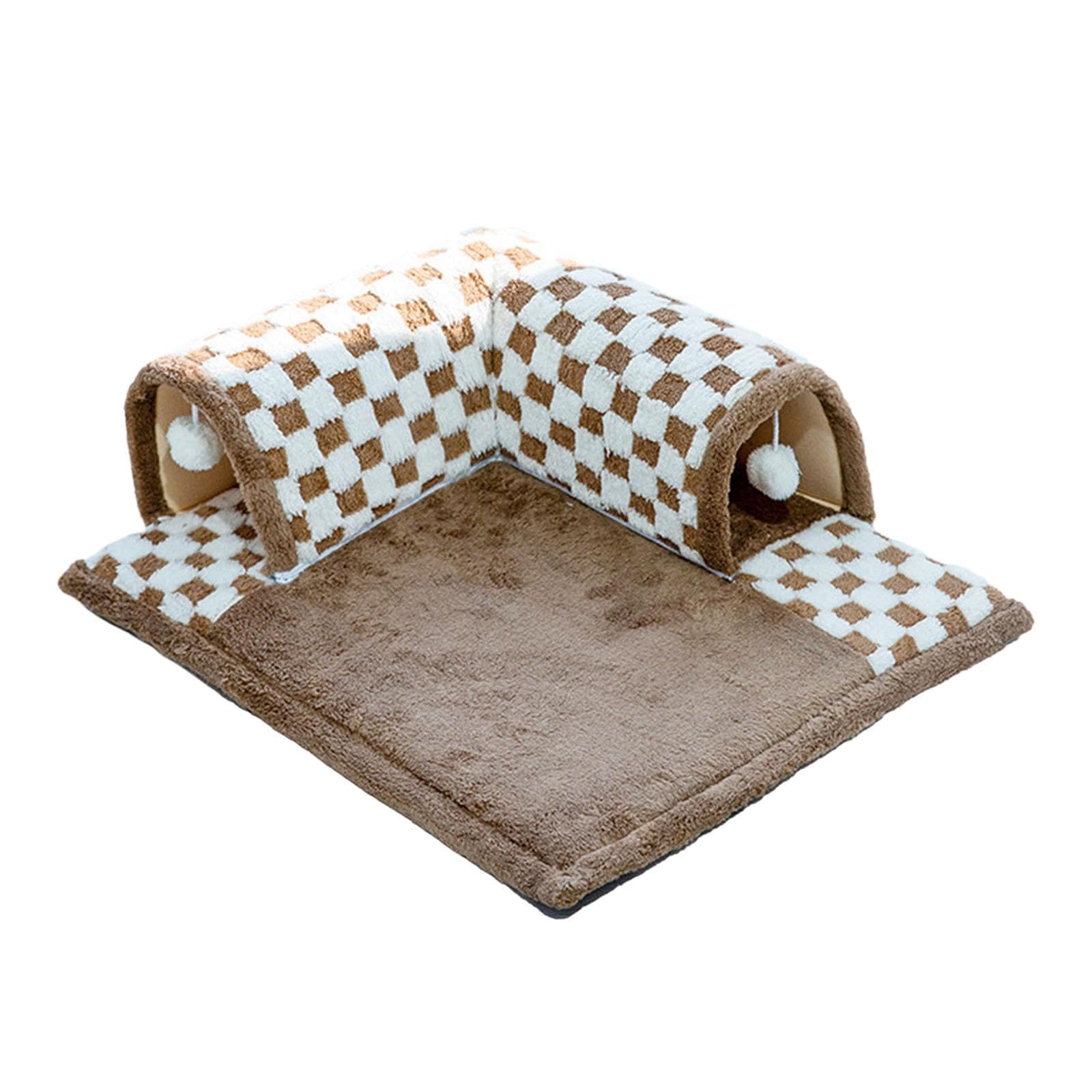 Tunnel pour Chats Tunnel Lit Jouet Balle Maison de Jeu Habitat Animaux Petits Tapis Amovible Pliable Douceur Convenable Chatons Lapins Intérieur, Marron M