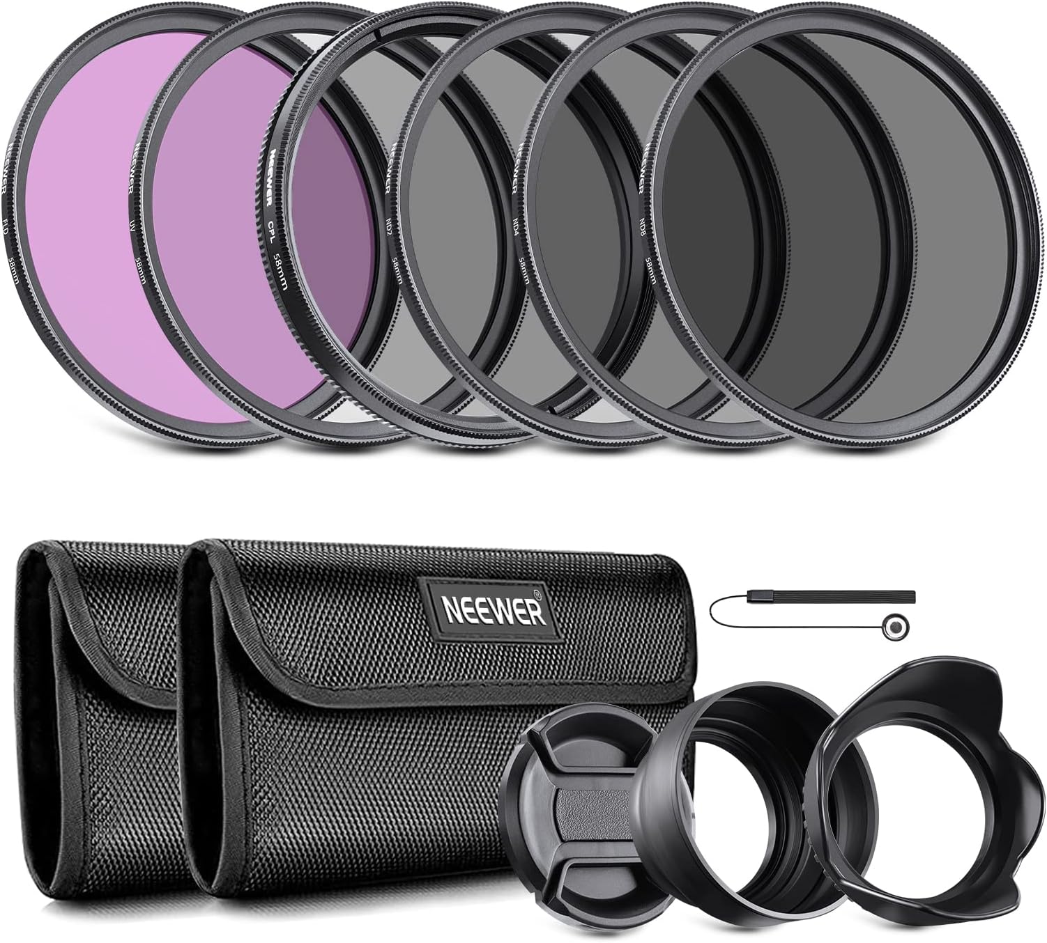 NEEWER 58mm ND Lens Filter Kit: UV, CPL, FLD, ND2, ND4, ND8, Lens Hood and Lens Cap Compatible with Canon Nikon Sony Panasonic DSLR Cameras with 58mm Lens