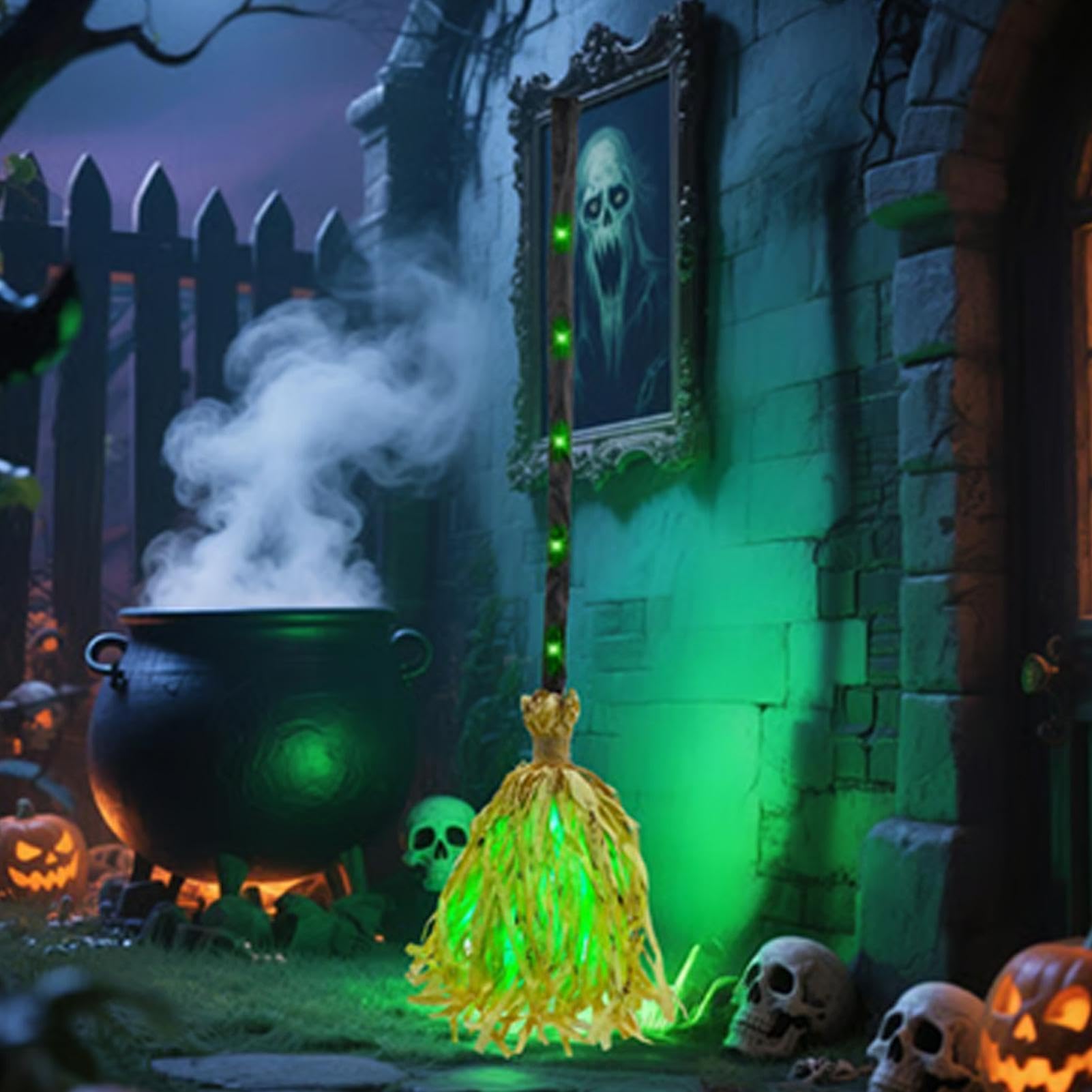 Halloweenowa Miotła Czarownicy Ruchoma Dekoracja z Dźwiękiem i Światłem | Muzyczna Świecąca Dekoracja Miotła Czarownicy Do Wnętrz I Na Zewnątrz, Na Ścianę, Drzwi, Dom, Ogród I