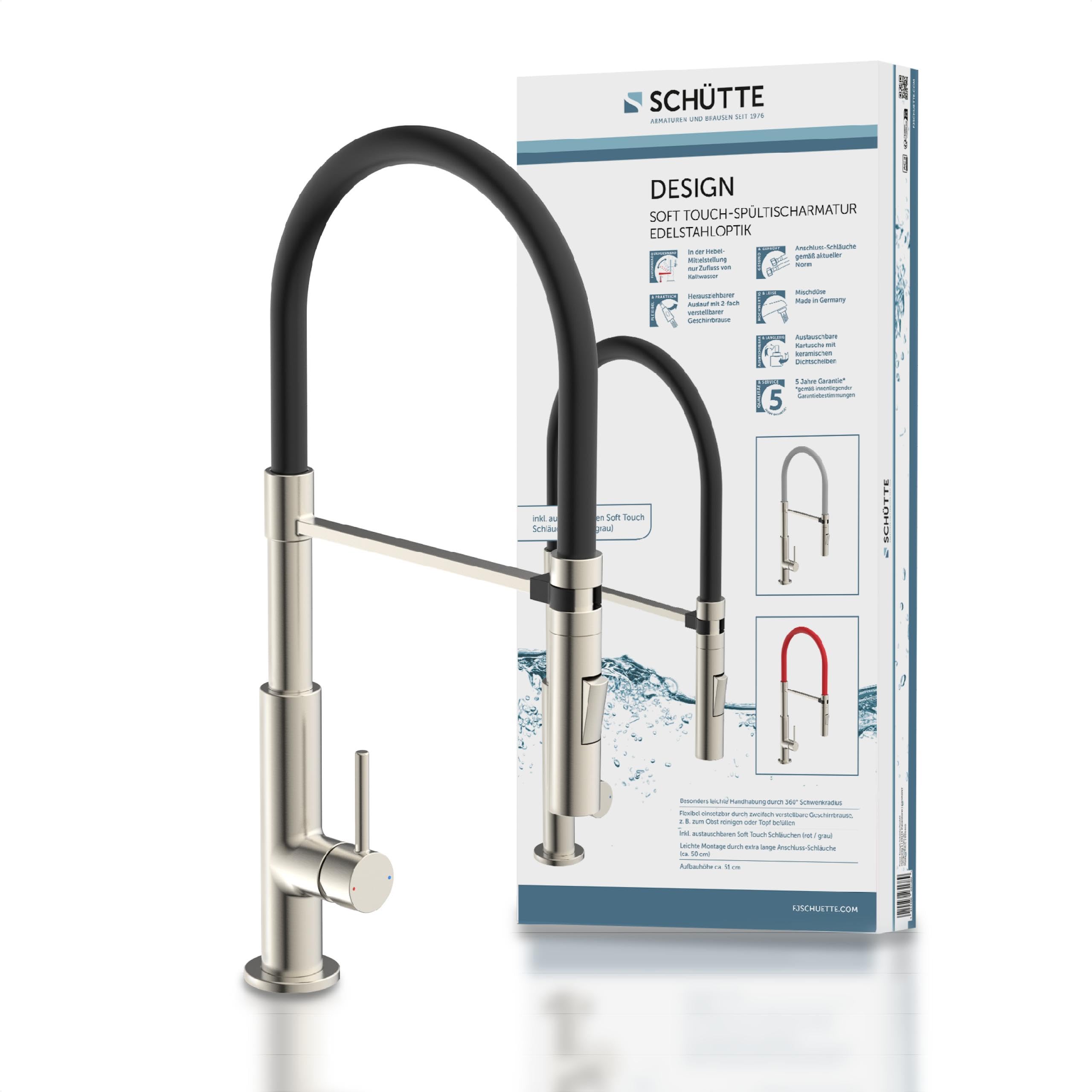 Schütte 23138 Design Spültischarmatur mit auswechselbaren Soft Touch Schlauch, 360 Grad schwenkbarer Wasserhahn für die Küche, Küchenarmatur Einhebelmischer, Mischbatterie in Edelstahl/Schwarz