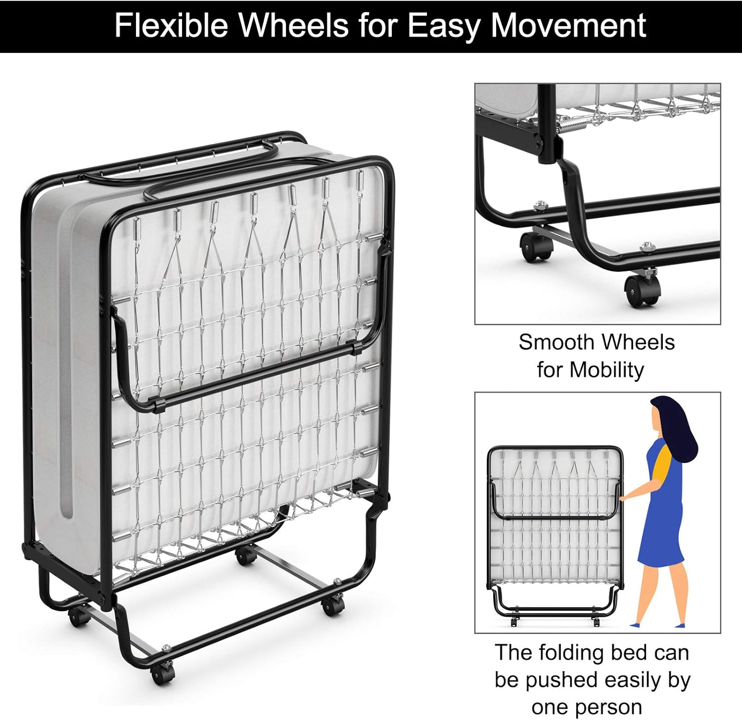 KOMFOTT Rollaway Folding Bed with 4 Inch Mattress, Foldable Rollaway Bed with Memory Foam Mattress for Adults, Portable Fold Up Guest Bed with Steel Frame on Wheels for Home & Office, Made in Italy