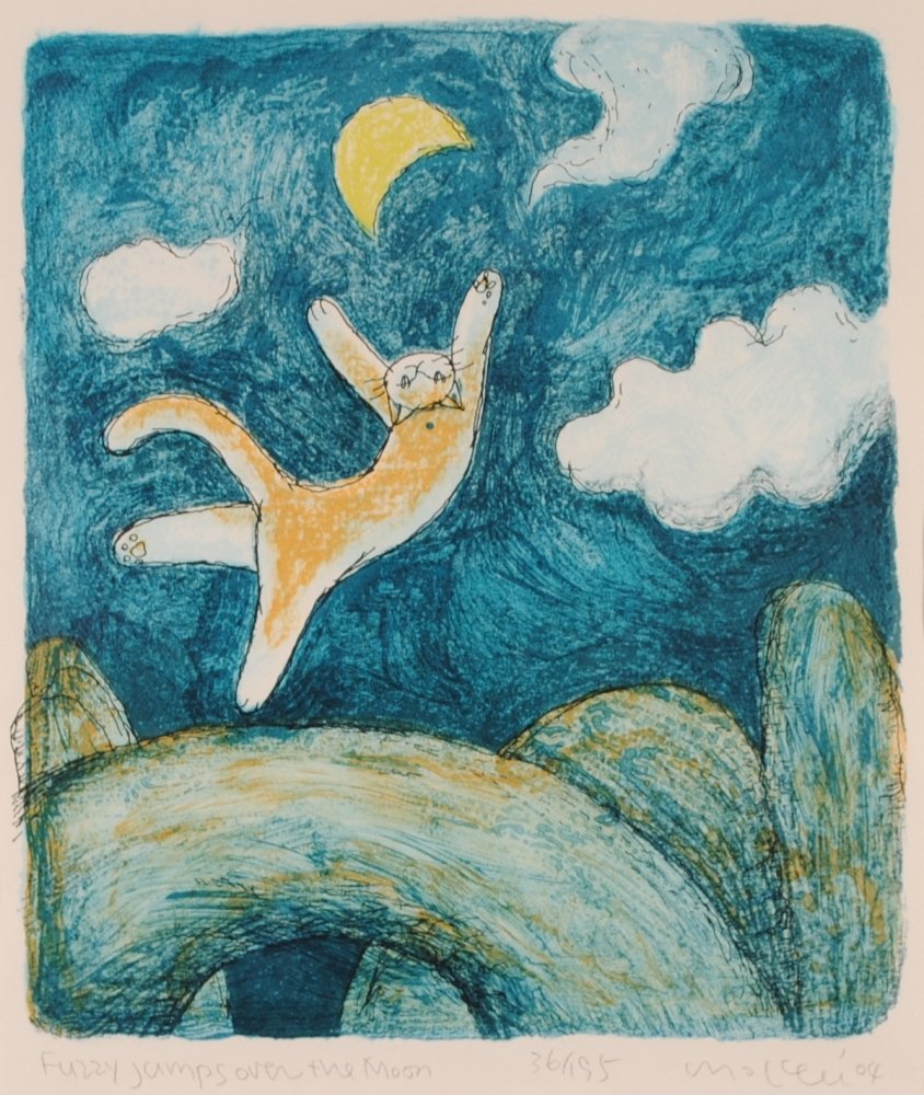 Amazon | マイケル・ルー 「月までジャンプ」 猫 絵画 ポップアート