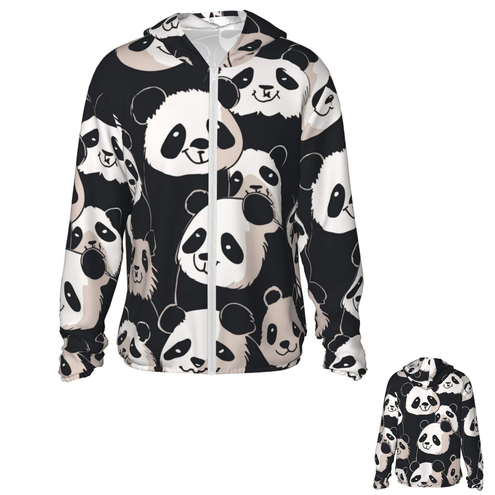 NONHAI Men's Sun Protection Jacket UPF 50+ Full Zipper Long Sleeve UV Hoodie Shirt Funny Panda Women's Outdoor Jacket Black