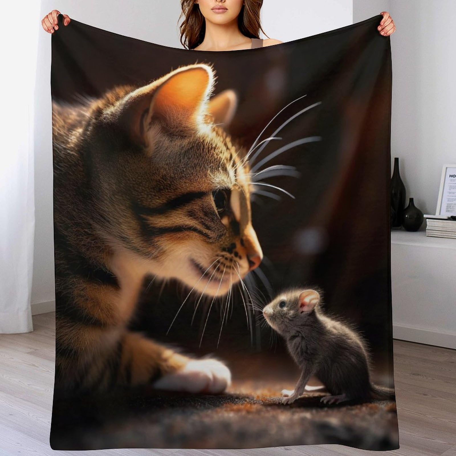 Plaid polyester doux motif chat, le cadeau idéal pour l'hiver