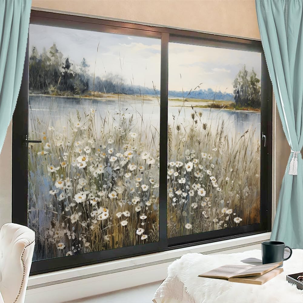 Farm Landscape Window Film Heat Blocking Wild Nature Daisies Nature Barn Abstract Privacy Window Decor Glass Door Covering Self-Adhesive Window Film for Bathroom Kitchen 35.4Wx55.1L-inch x2 Pcs