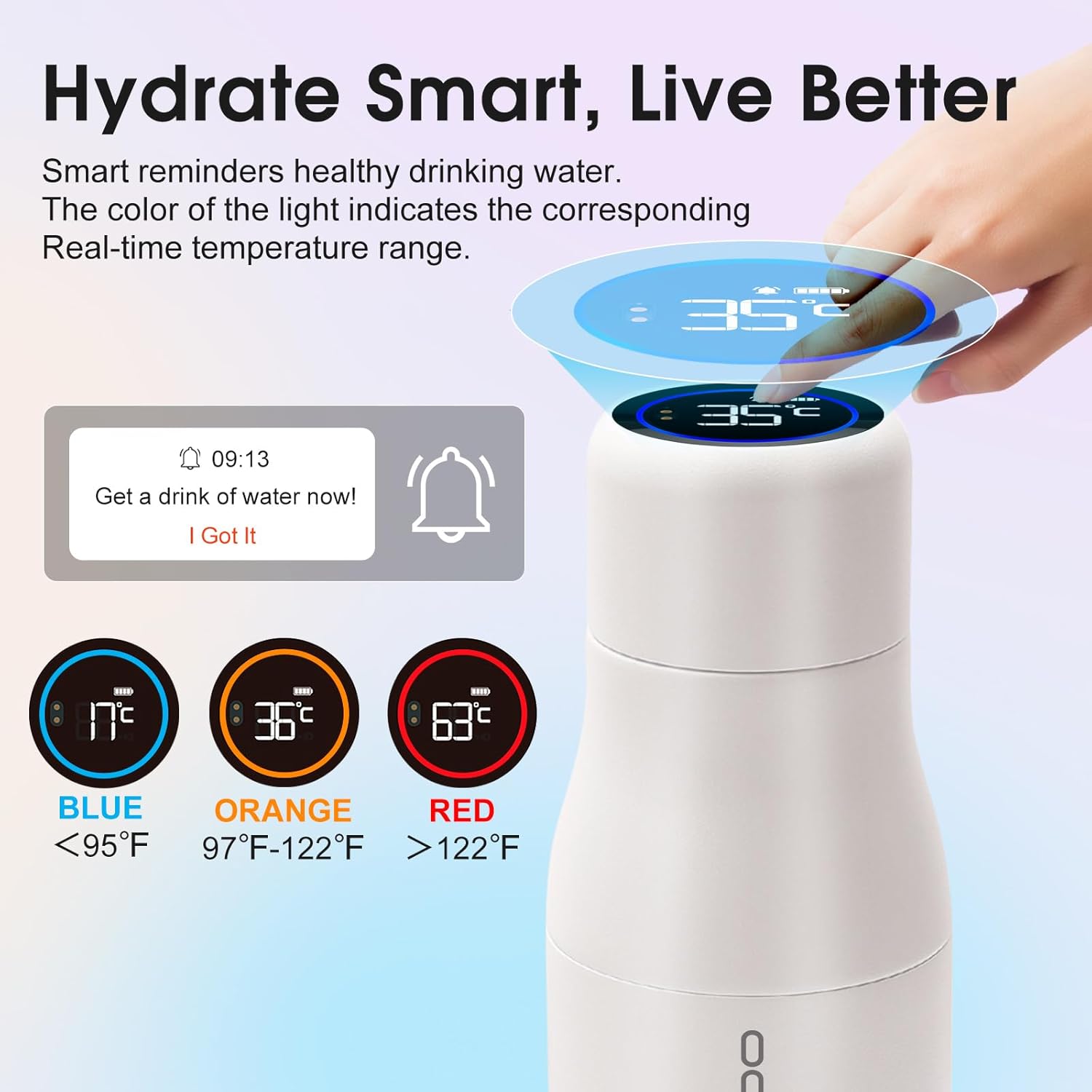 Vsitoo Self Cleaning Water Bottle - 15oz Stainless Steel, AI Self-Clean, 30-Day Battery, Magnetic Charging, BPA-Free for Travel/Gym/Office, No App Needed, White - Image 3