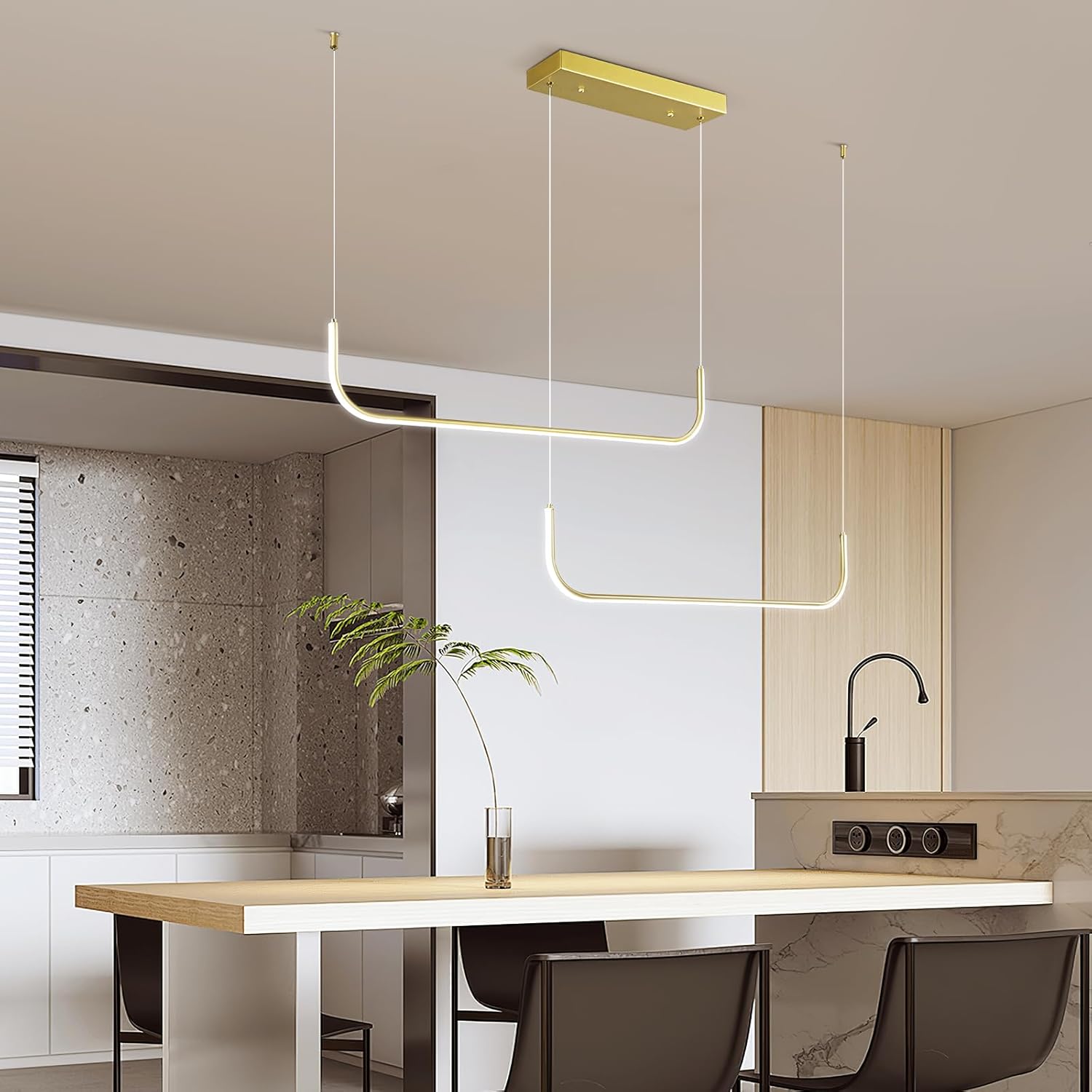 Modern Linear Chandelier Dimmable 6000K LED Pendant Light Fixtures Ceiling Hanging Gold Chandeliers for Dining Room Kitchen Island Living Room Office(2 Light)