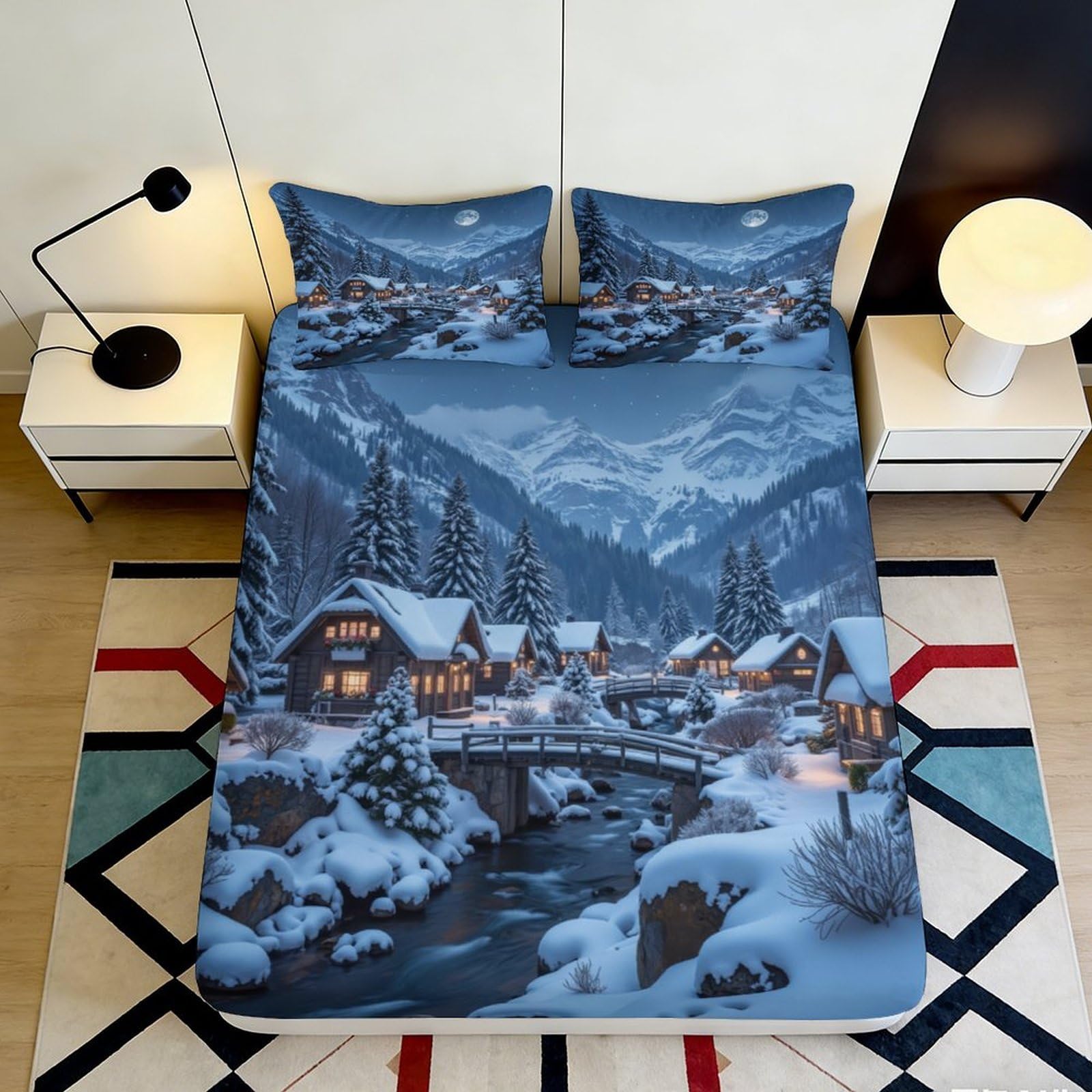 3D Printed Winter Snow Village Fitted Sheet Microfiber Soft Mattress Cover for Bedroom Guest Room Decor 200x200x25cm