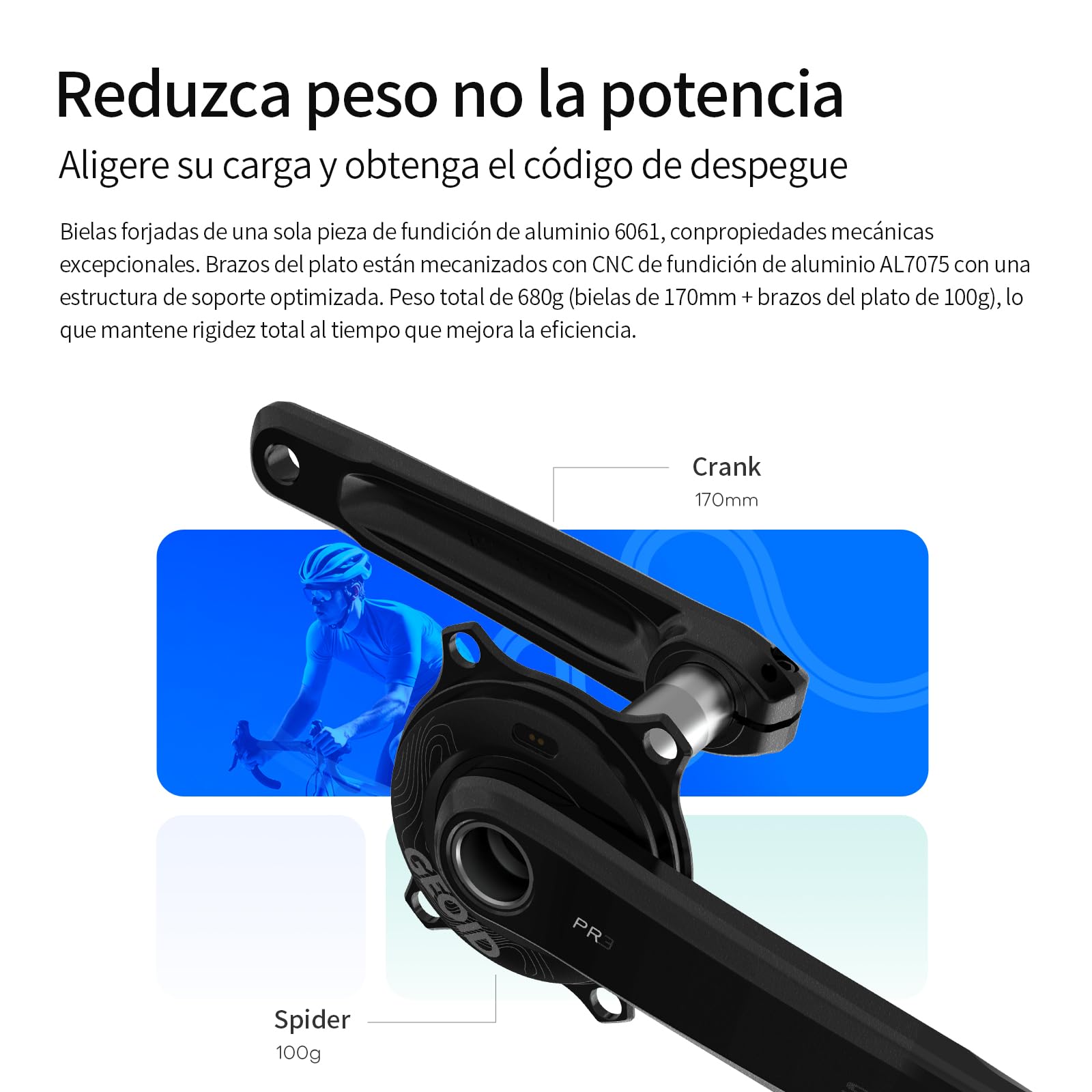 GEOID PM500 Medidor de Potencia para Bicicleta de Carretera - Cigüeñal Ligero 680g con Precisión ±1,5%, Batería 300 Horas, 110 BCD, Bluetooth/Ant+, IPX7 Impermeable