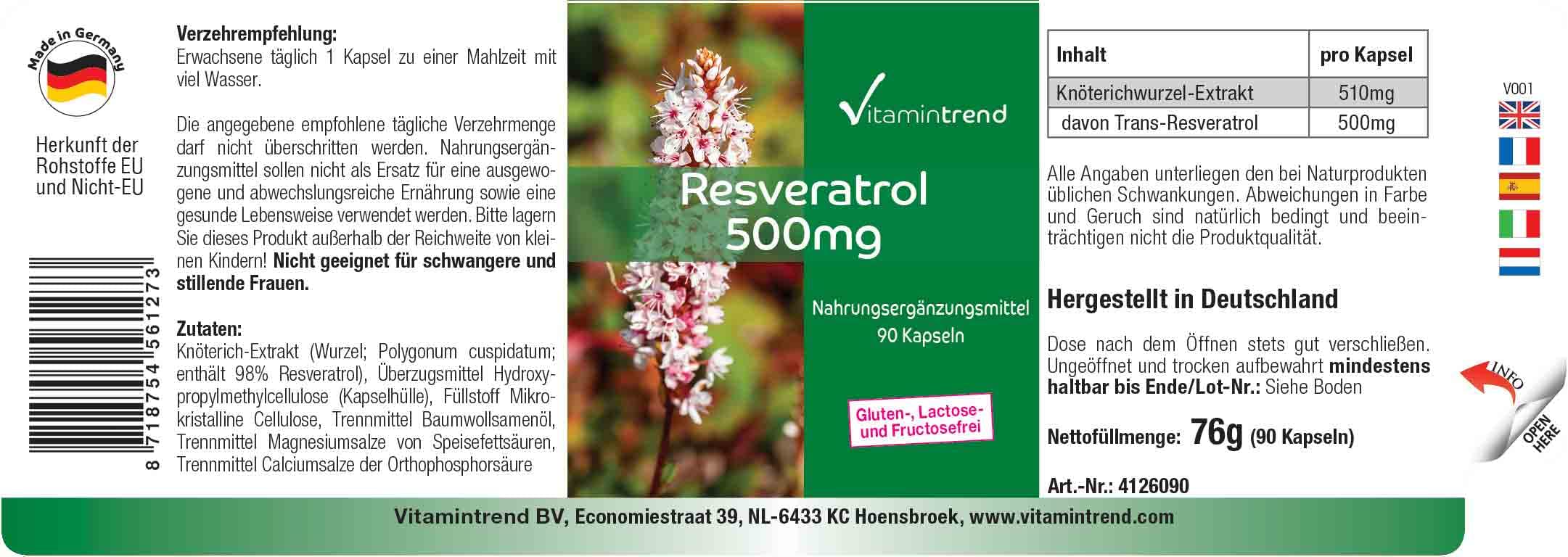 Vitamintrend Resvératrol 500 mg, 90 gélules d'extrait de renouée, hautement dosé, complément alimentaire végan sans stéarate de magnésium, fabriqué en Allemagne