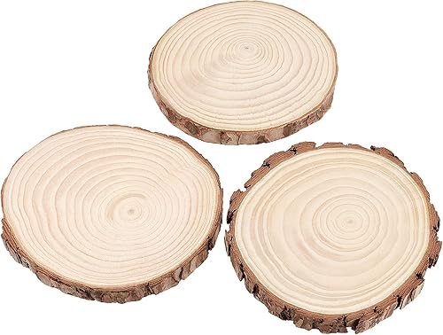 Miniatura 5 de FUNSUEI 12 piezas de rebanadas de madera natural sin terminar de 6 a 7 pulgadas, posavasos de madera natural con corteza, círculos de madera para