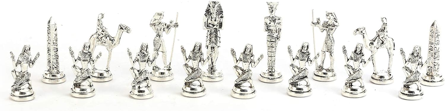 Historical Egypt Pharaoh Figures Metal Chess Set for Adults, Handmade Pieces and Natural Solid Wooden Chess Board with Pearl Design Around Board and Storage Inside King 3.4inc