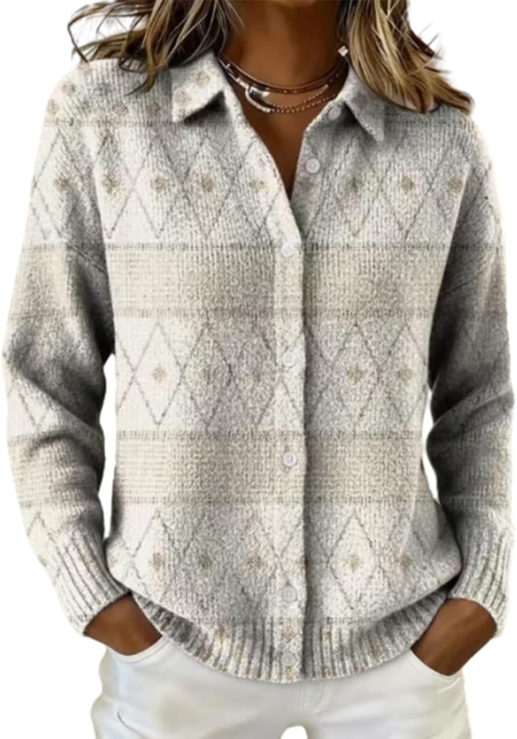 Women's Plaid Print Casual Cotton Buttoned Cardigan Sweater, Plaid Cropped Sweater with Knit Cardigan Style