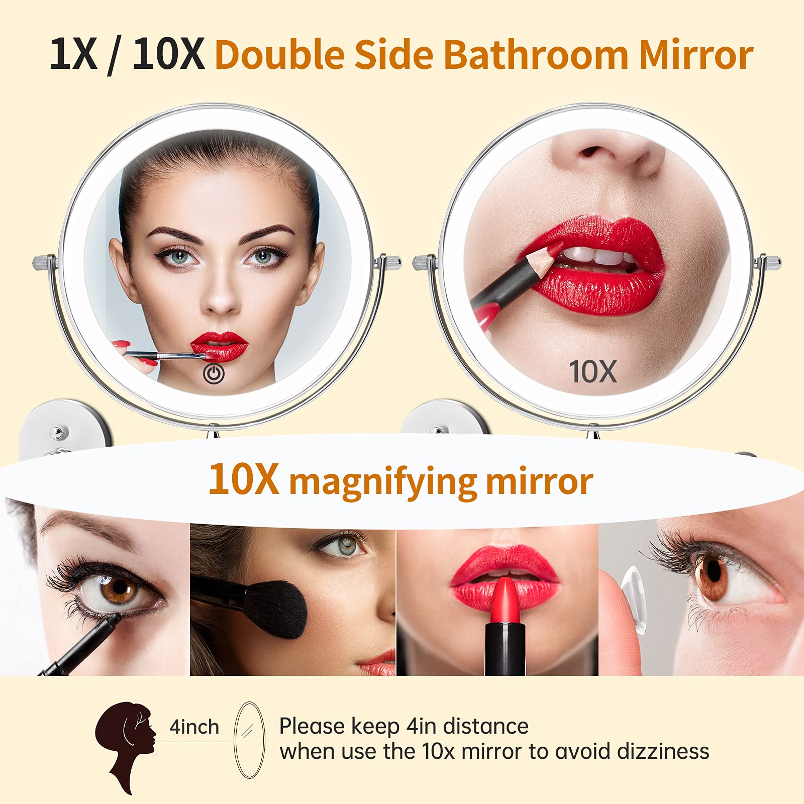 Wall Mounted Lighted Makeup Vanity Mirror 20cm 1X/10X Magnifying Mirror