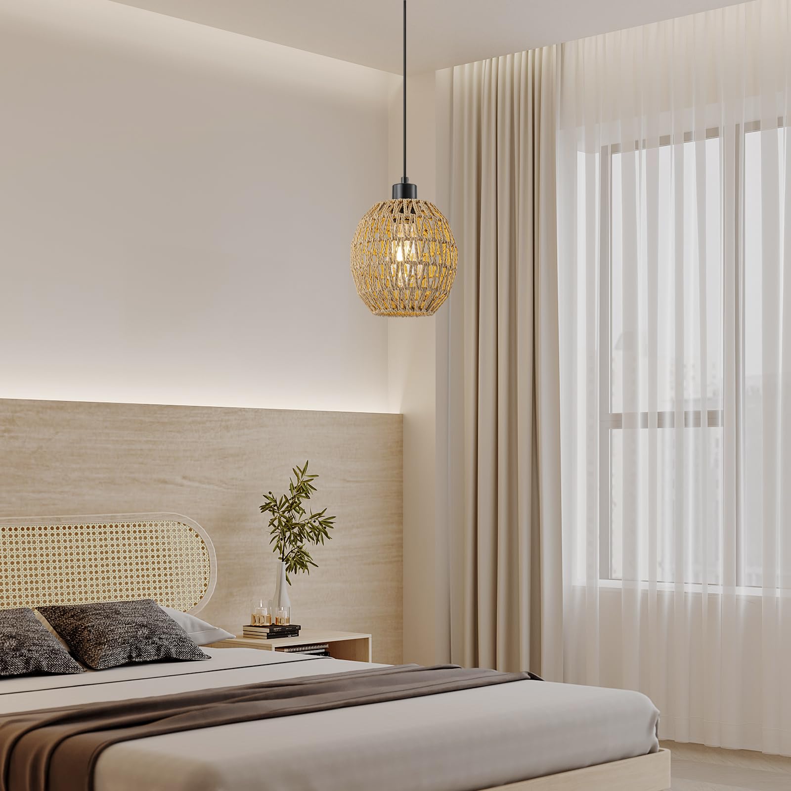 WILON Lampada a sospensione con spina, lampada a sospensione in rattan, lampada da tavolo da pranzo | Con cavo da 4,5 m, lampada da appendere alla finestra, E27, per soggiorno, camera da letto, bar, giardino, terrazza