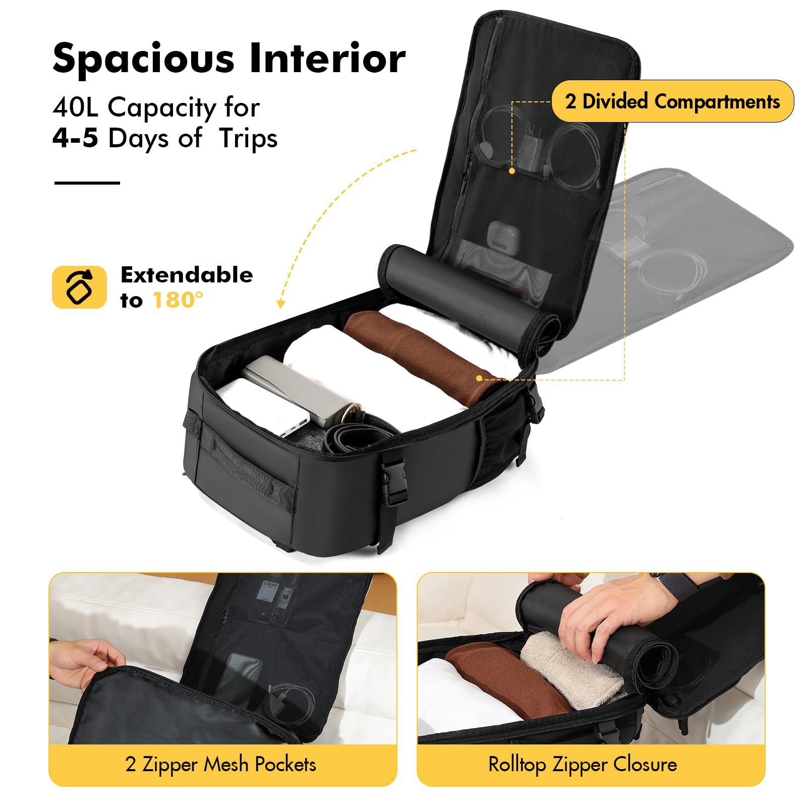 Mochila de viaje, equipaje de mano, avión, 20 l, 28 l, 40 l, impermeable, mochila de mano, portátil, mochila de viaje, para viajes, negocios, trabajo, vacaciones, negro-L, 33 x 23 x 52 cm (40L), Viaje