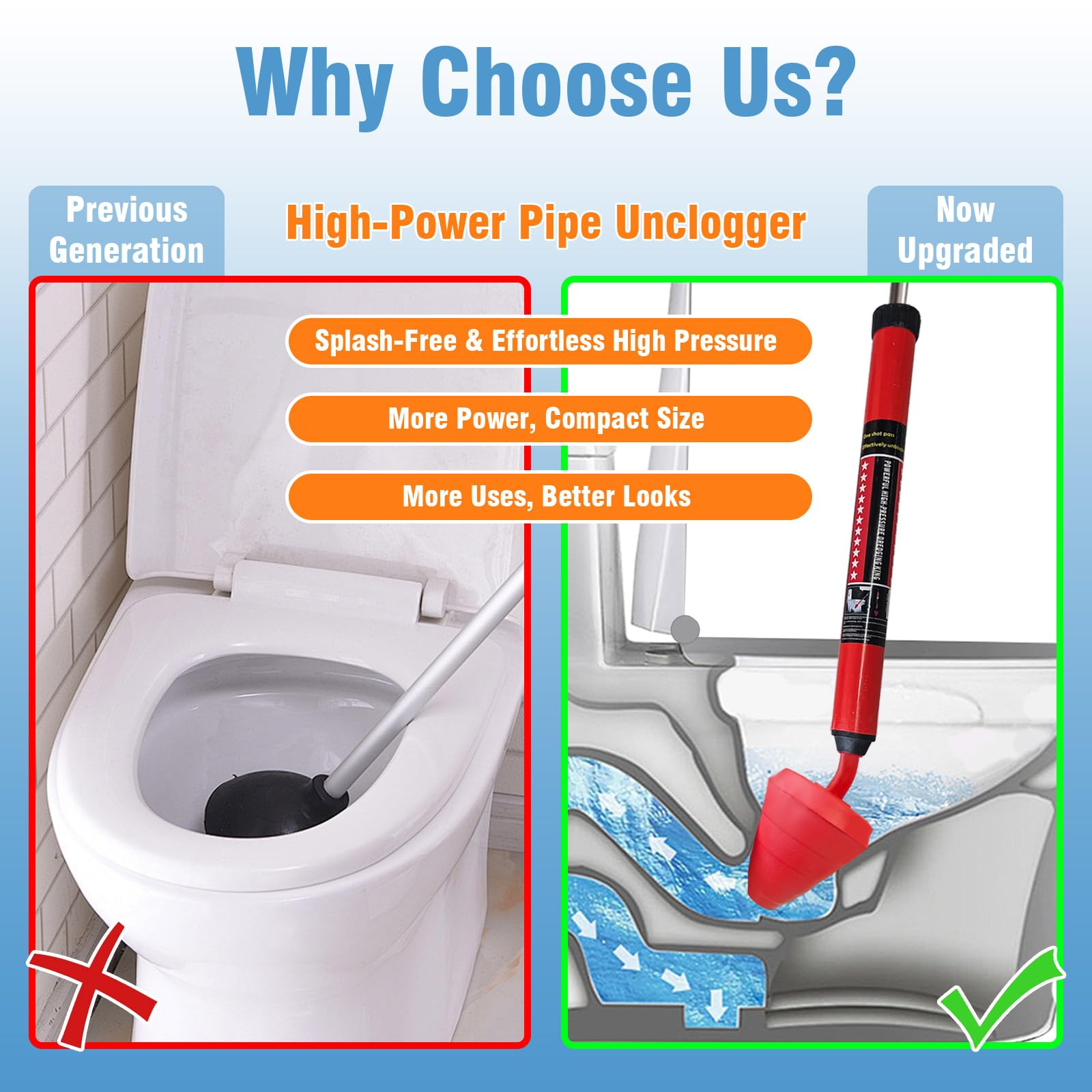 Toilet Plunger, High-Pressure Plungers for Bathroom, Toilet Brush and Plunger Set - Powerful Air Drain Unclogger & Heavy-Duty Clog Remover for Bathroom Drains, and Clogged Pipes - 5