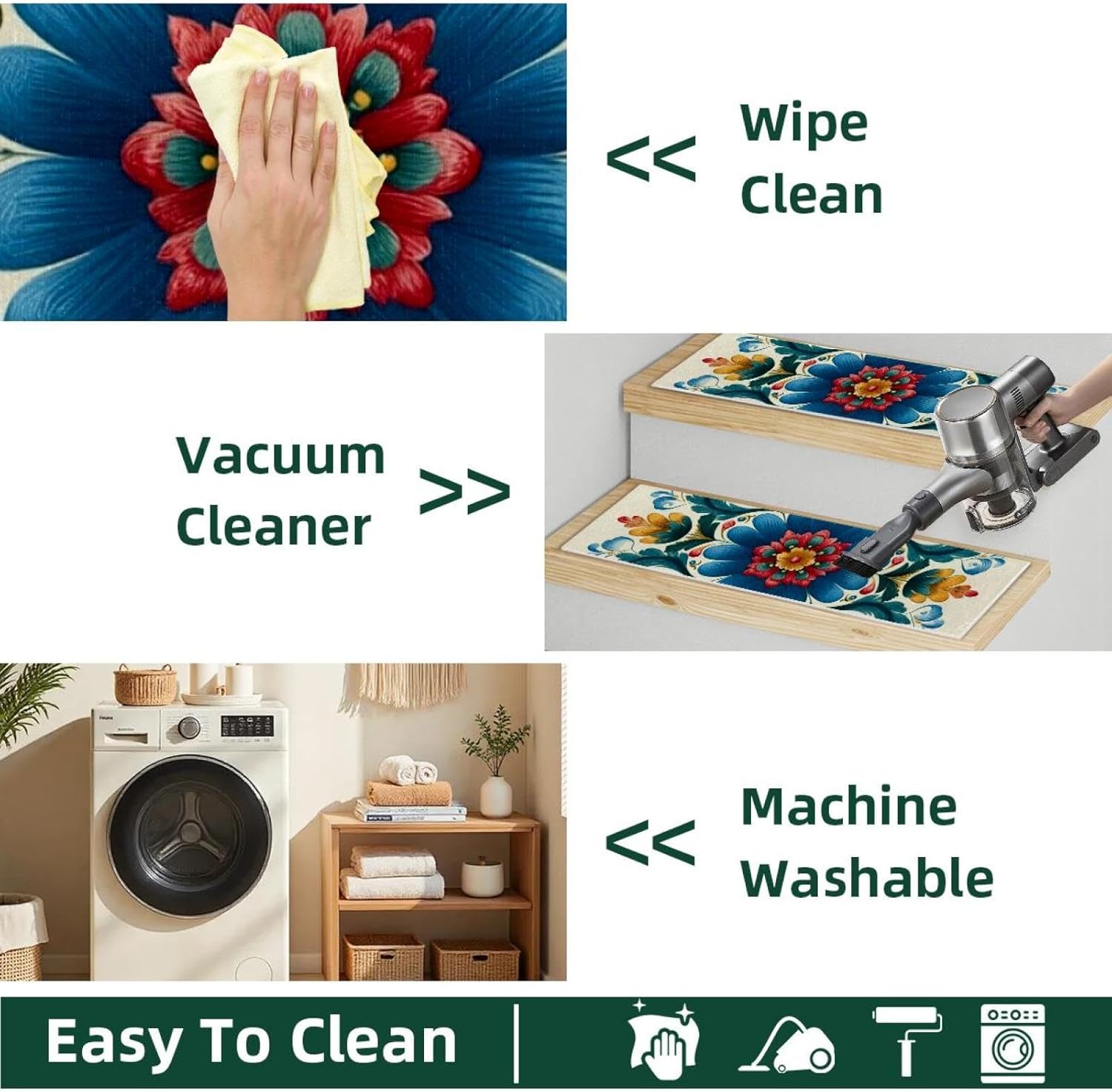 Norwegian Rosemaling Folk Style Flower (58) Carpet Stair Treads for Wooden Steps Indoor, 15 Pack Slip Resistant Stair Rug Staircase Step Treads Pads for Pet, Kids and Elderly