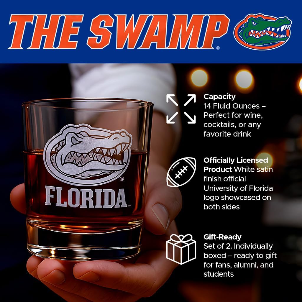 Florida Gators 2-Sided Satin Finish Rocks Glass – Official University of Florida Logo – Heavy-Duty Glassware – Dishwasher Safe – Whiskey Glass – Set of Two, 14 oz