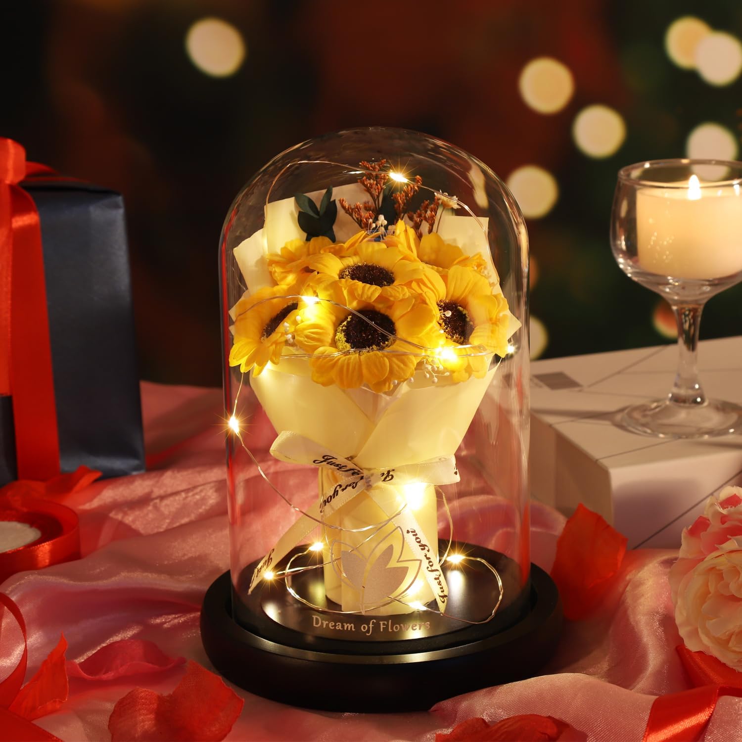 Valentines Day Gifts, Sunflower Gift for Mom-Preserved Artificial Rose Flower Gifts for Women Friends Sunflower Gifts for Her,Light Up Rose in Glass Dome-Thankgiving Birthday Valentine Anniversary