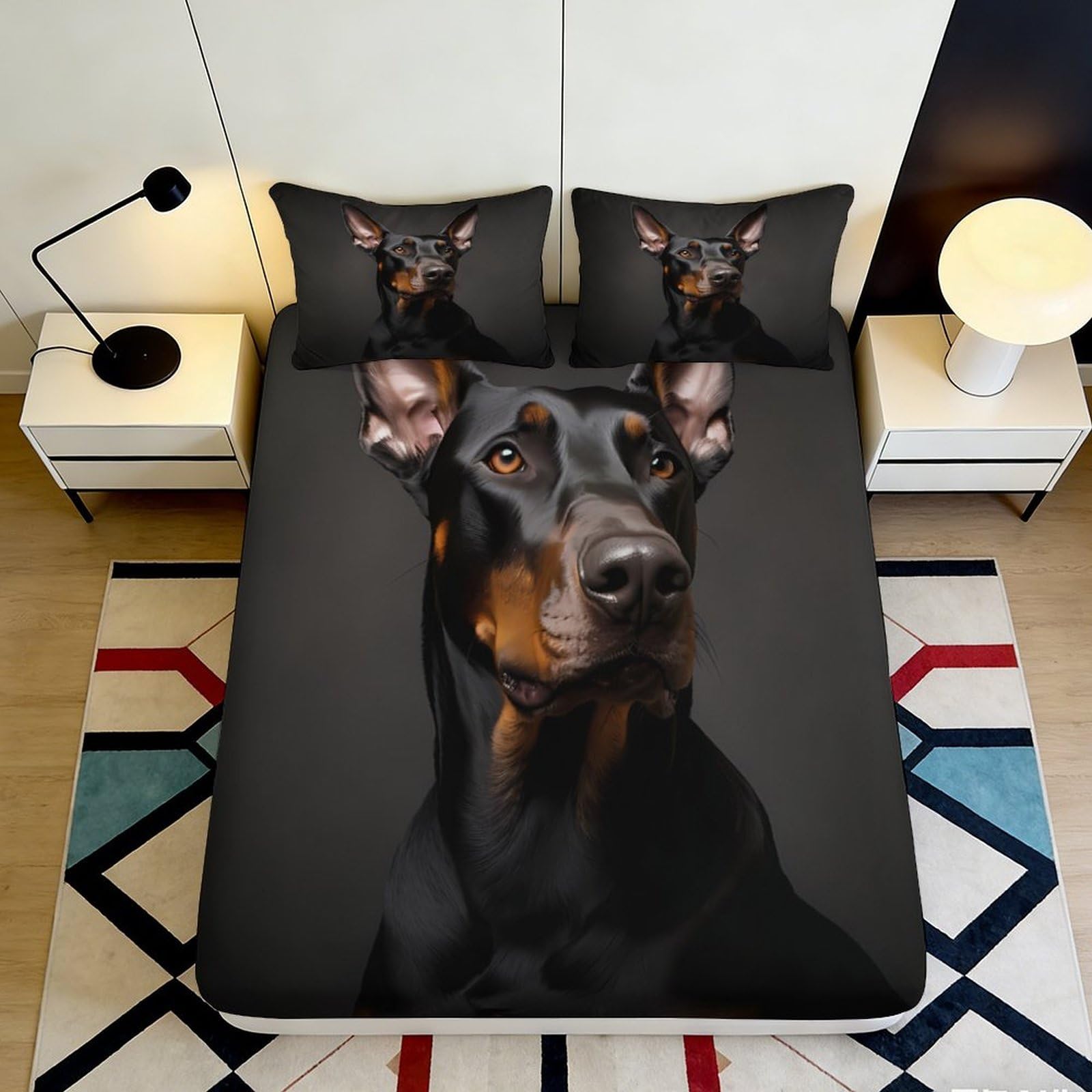 3D Printed Doberman Dog Fitted Sheet Microfiber Black Animal Portrait Bed Cover Anti-Slip Machine Washable for Bedroom Guest Room Decor 90x200x25cm